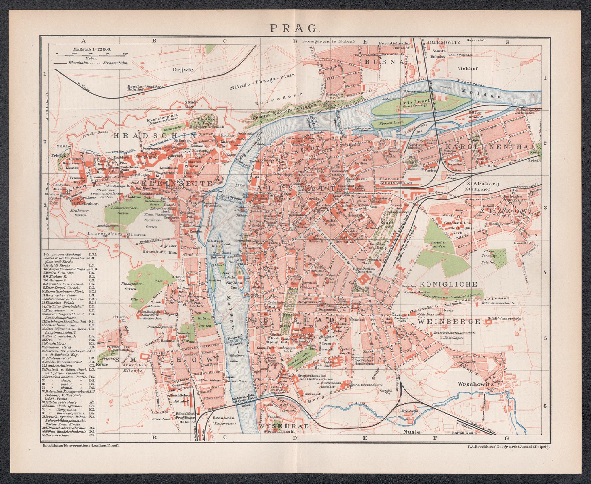 Prag, Tschechoslowakei. Antike Karte Stadtplan Chromolithographie, um 1895 – Print von Unknown