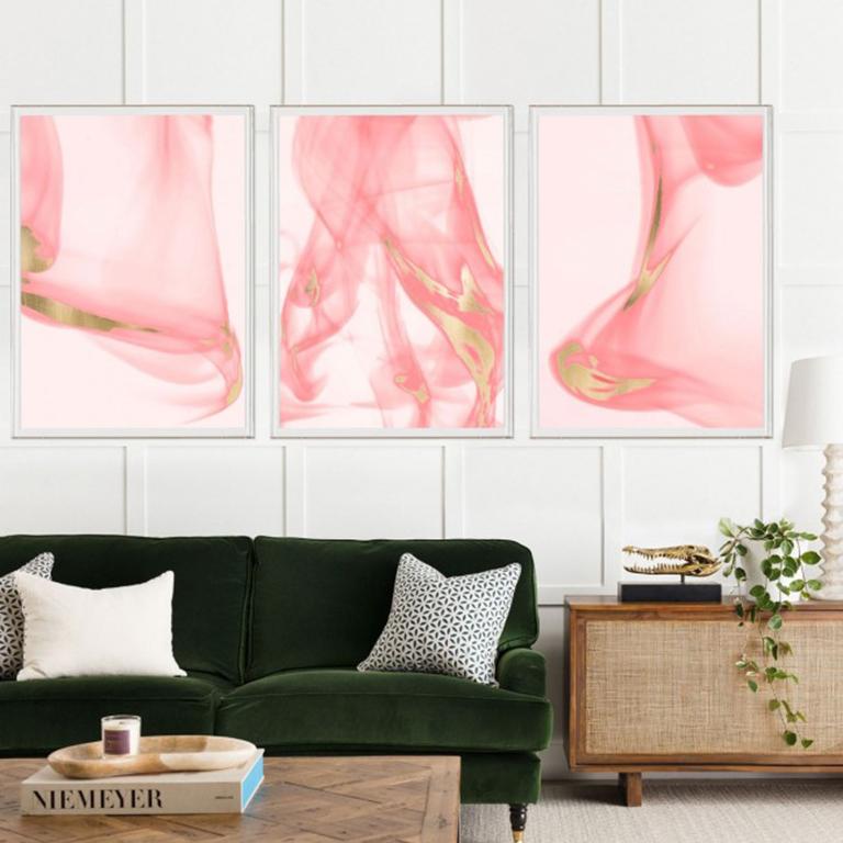 Prairie Wind Triptych in Pink No. 2, gold leaf, acrylic box, framed - Print by Unknown
