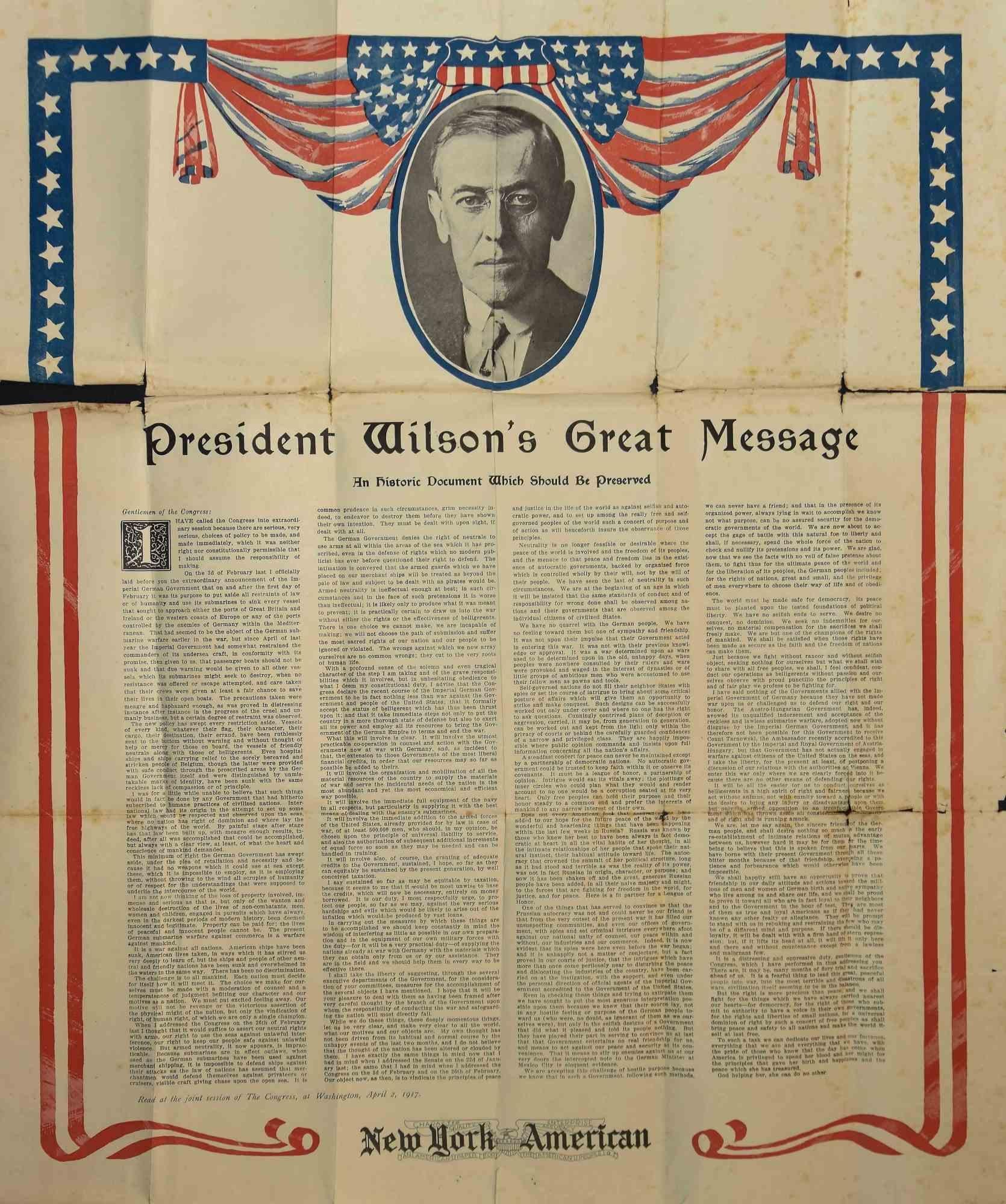 Unknown Figurative Print - President's Wilson Great Message - Vintage Poster - 1917