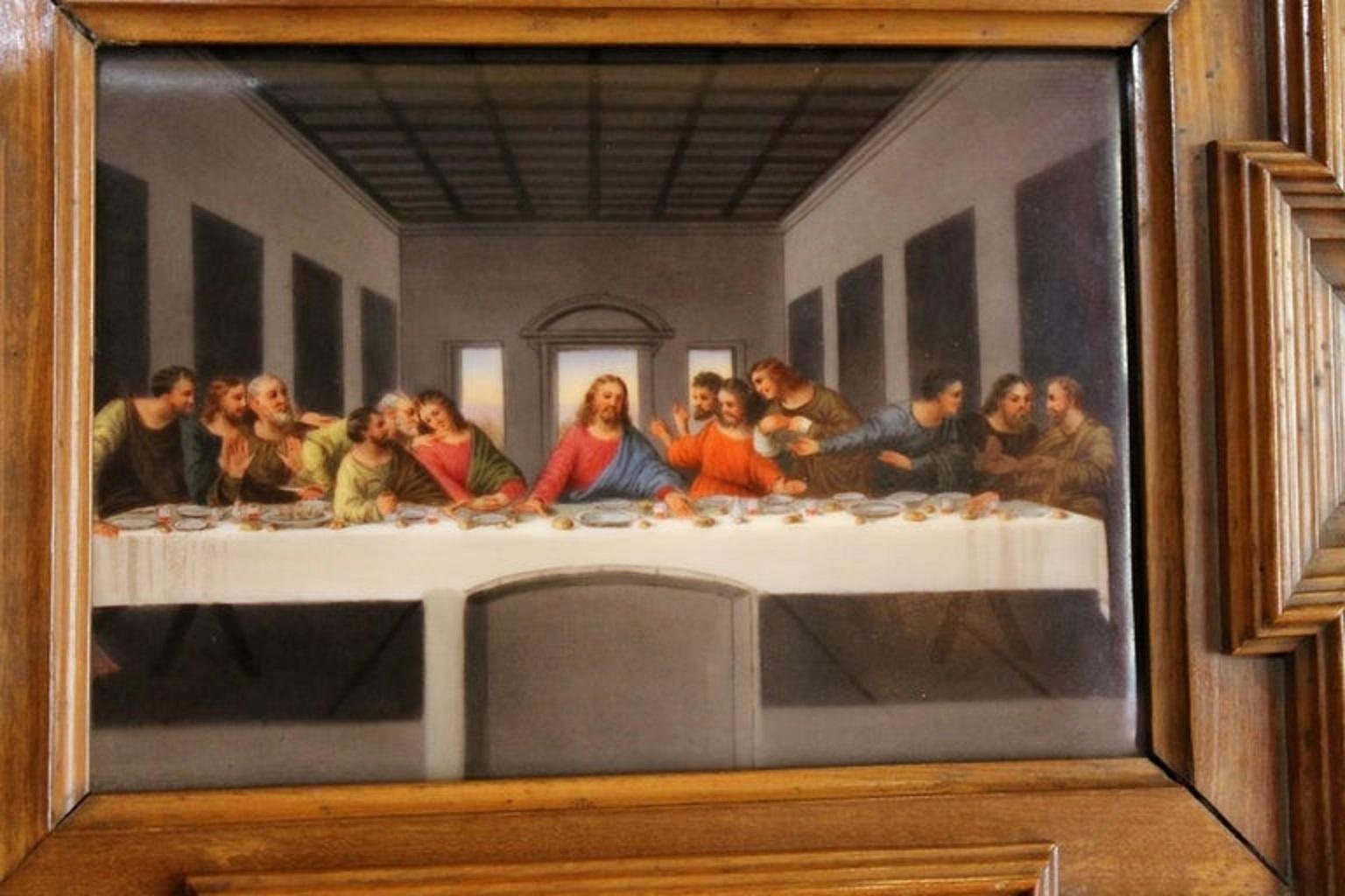 Print Porcelain Plaque Last Supper Painting after Leonardo in Carved Wood Frame For Sale 1
