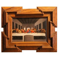 Print Porcelain Plaque Last Supper Painting after Leonardo in Carved Wood Frame