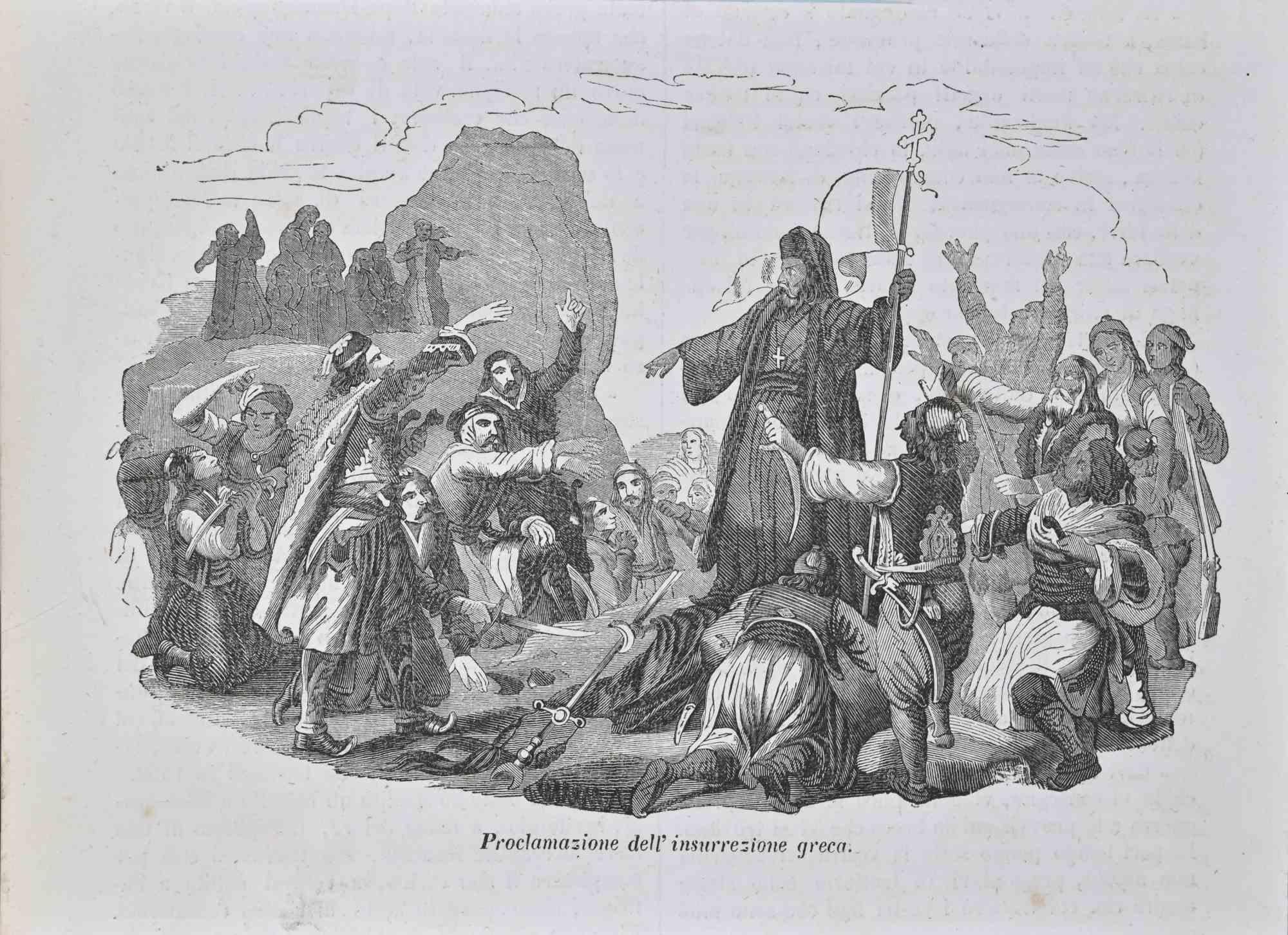 Unknown Figurative Print – Proclamazione dell'Insurrezione Greca – Holzschnittdruck – 1862