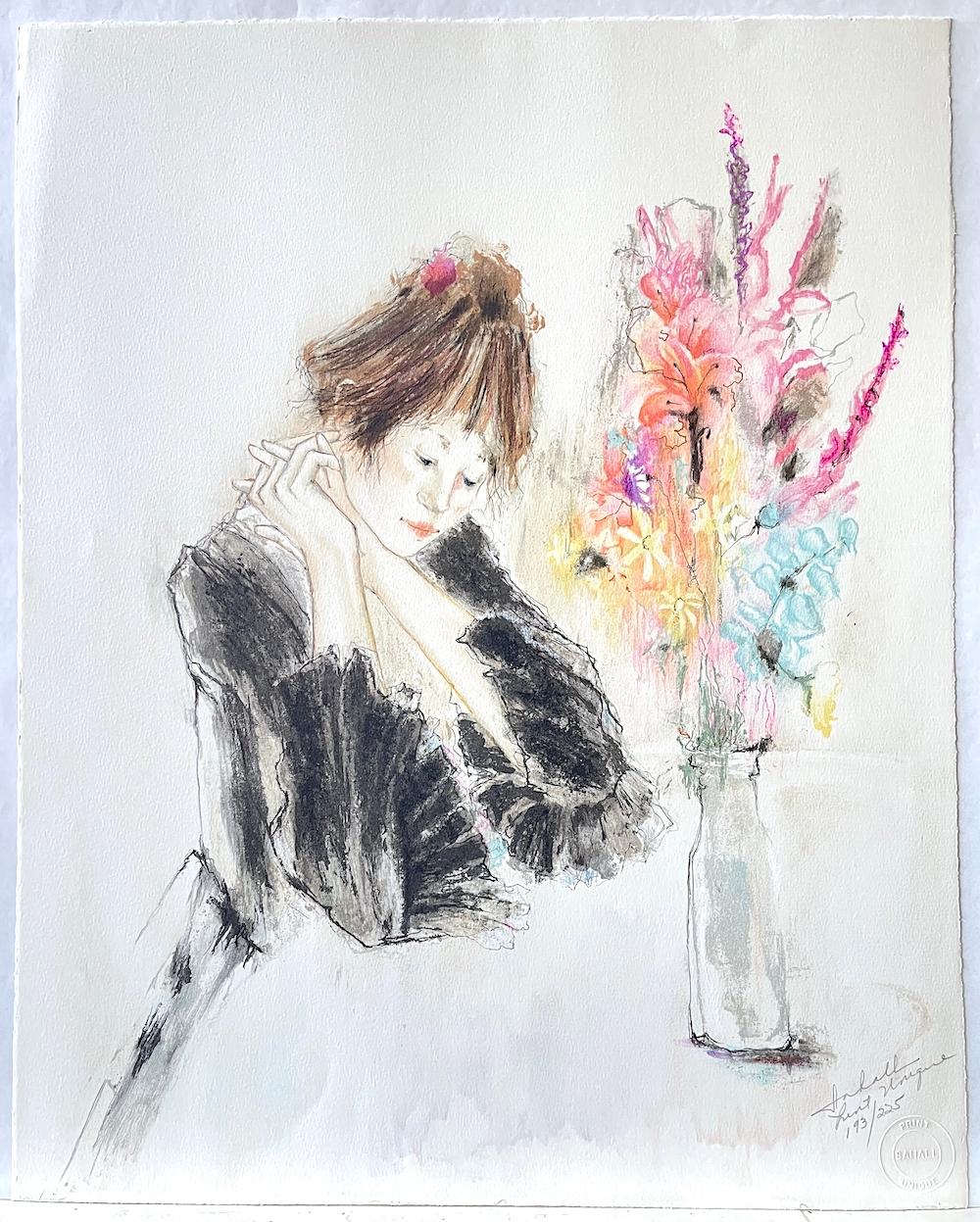 QUIET AFTERNOON Signed Lithograph, Seated Woman, Bouquet of Flowers, Carafe Vase - Gray Portrait Print by Unknown