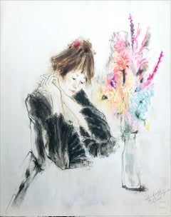 QUIET AFTERNOON Signed Hand Colored Lithograph Seated Young Woman Vase Flowers