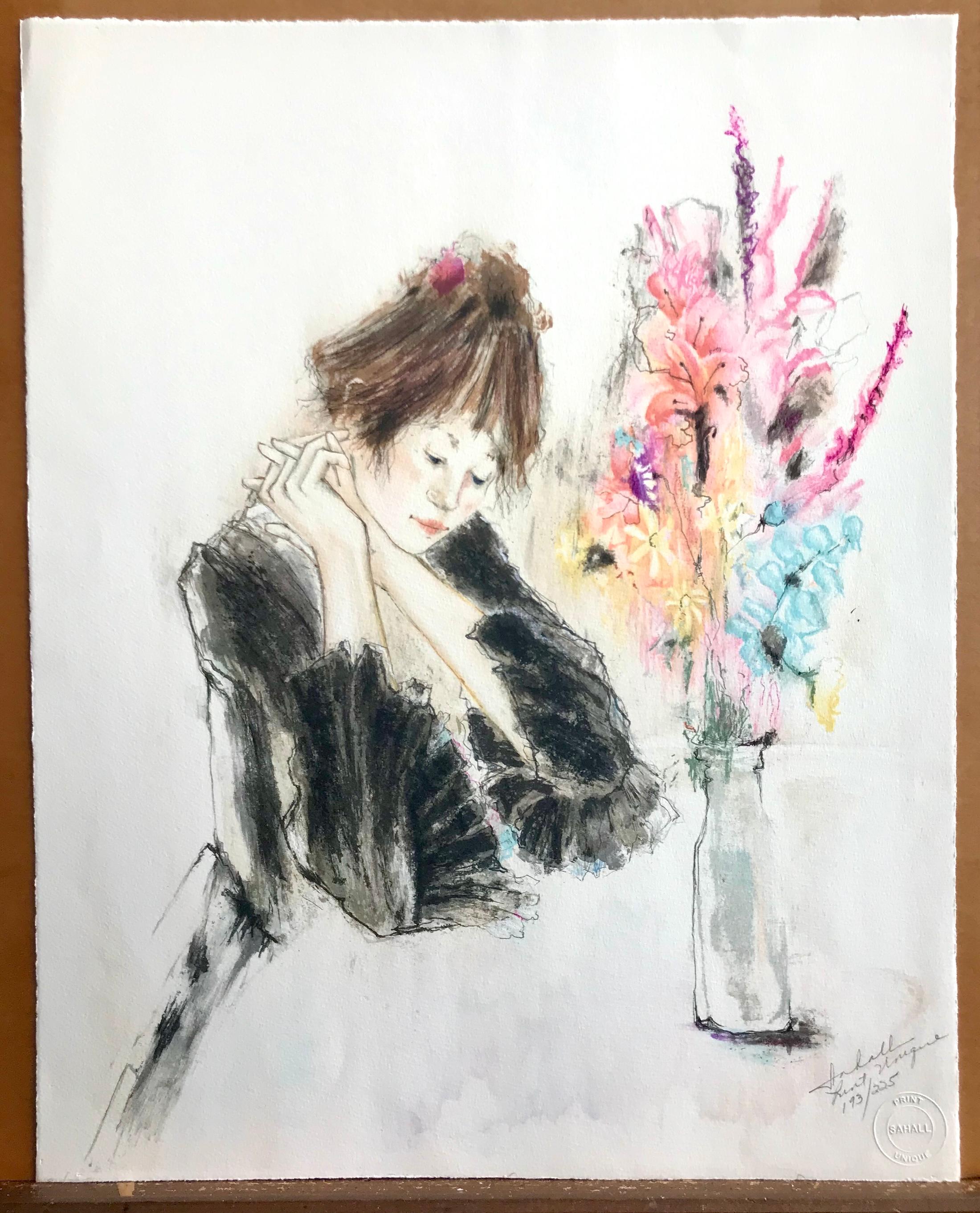 Lithographie signée QUIET AFTERNOON, jeune femme assise, vase de fleurs en vente 3