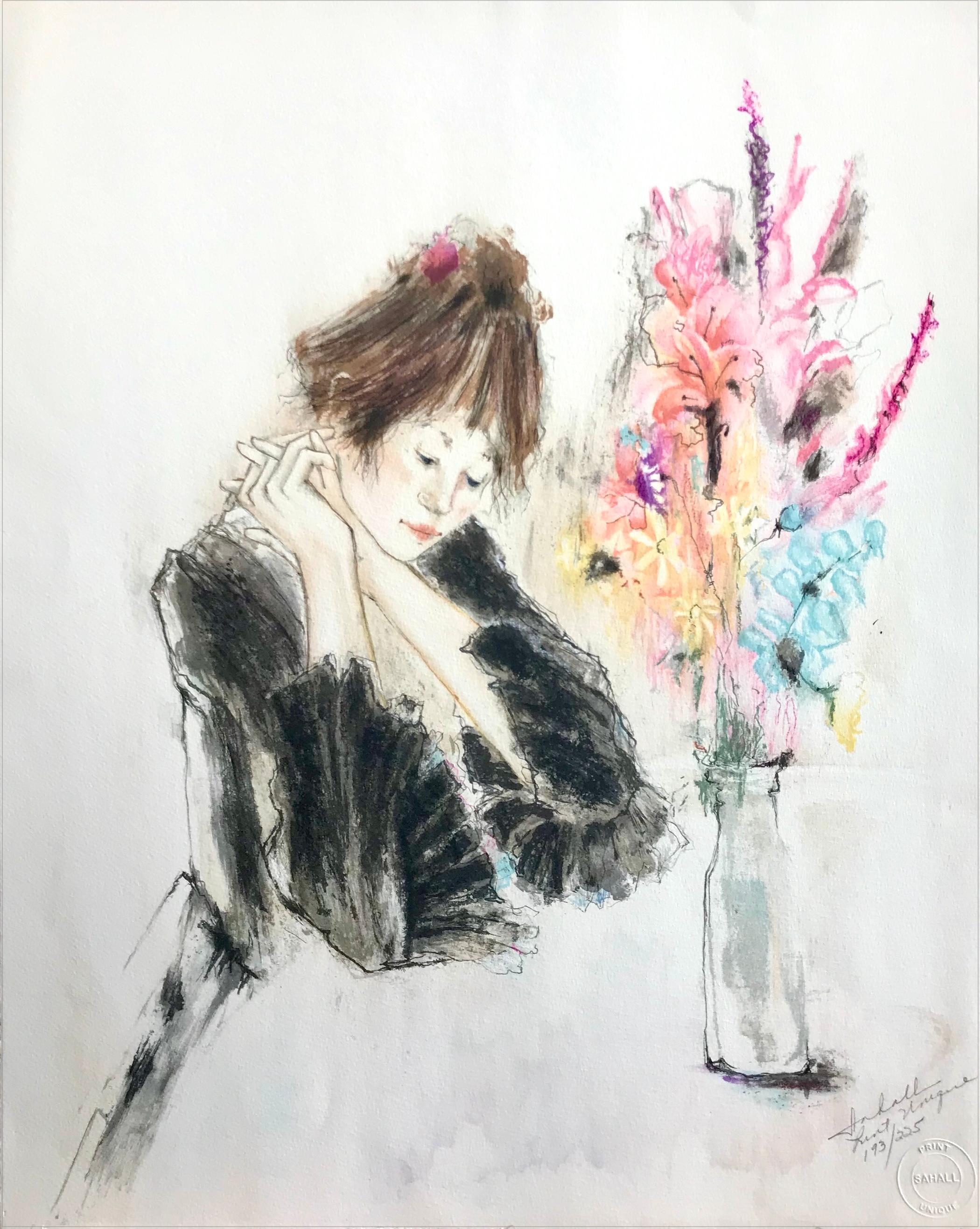 Lithographie signée QUIET AFTERNOON, jeune femme assise, vase de fleurs