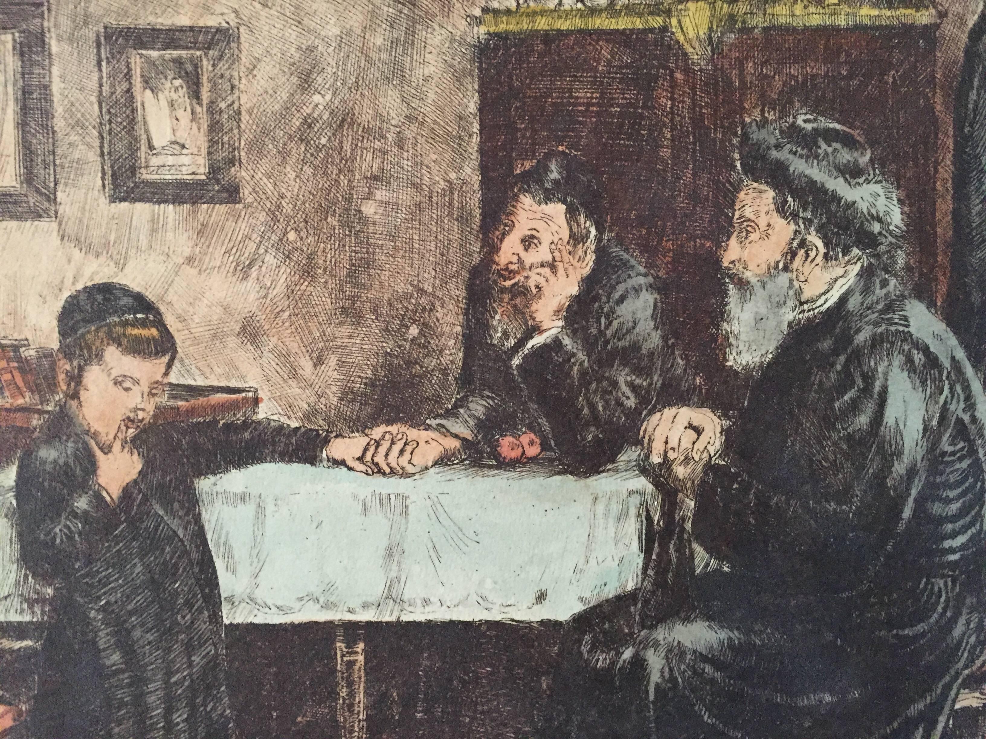 Rare Judaica Cheder Test Hand Colored Etching after Kaufmann - Print by Unknown