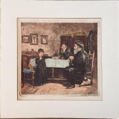 Vintage Rare Judaica Cheder Test Hand Colored Etching after Kaufmann
