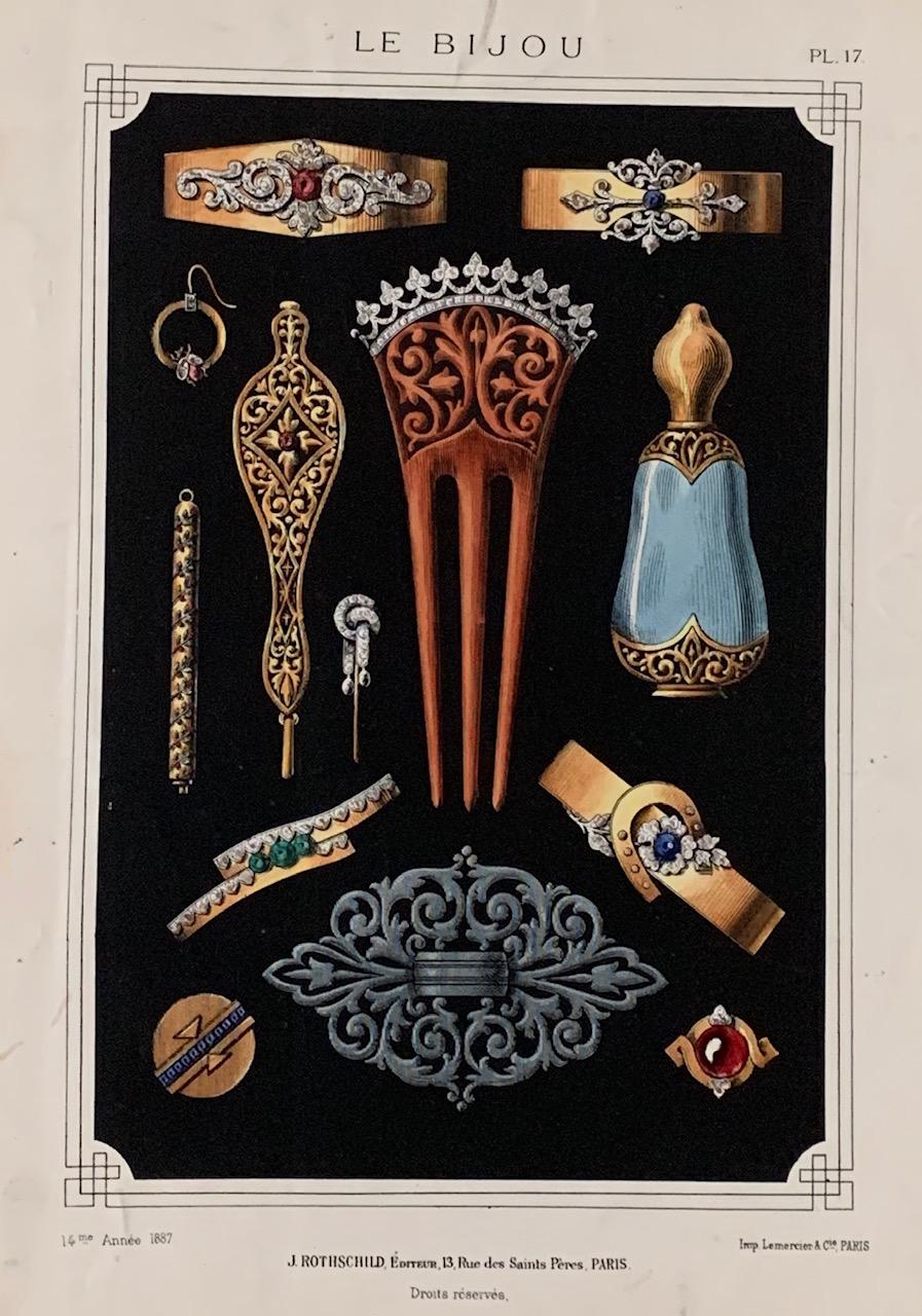 Rare Le Bijou Art Nouveau Lithographs
Set of three French Art Nouveau original lithographs of jewelry and accessories published in Le Bijou; Revue Artistique & Industrielle de la Bijouterie Joaillerie Orfevrerie, an important turn of the century