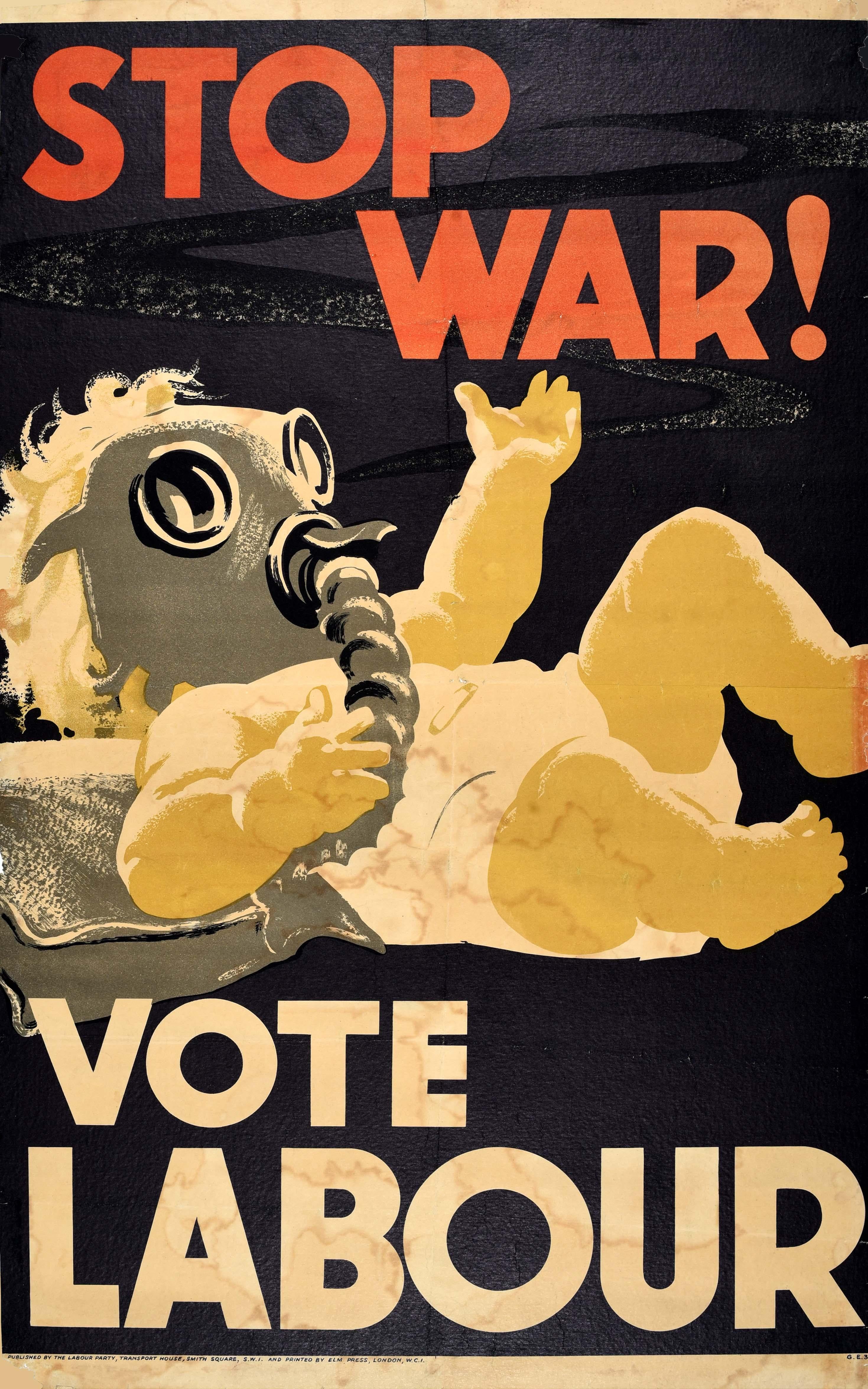 Print Unknown - Rare affiche d'origine des élections générales d'époque, Stop War Vote Labour, seconde guerre mondiale, politique