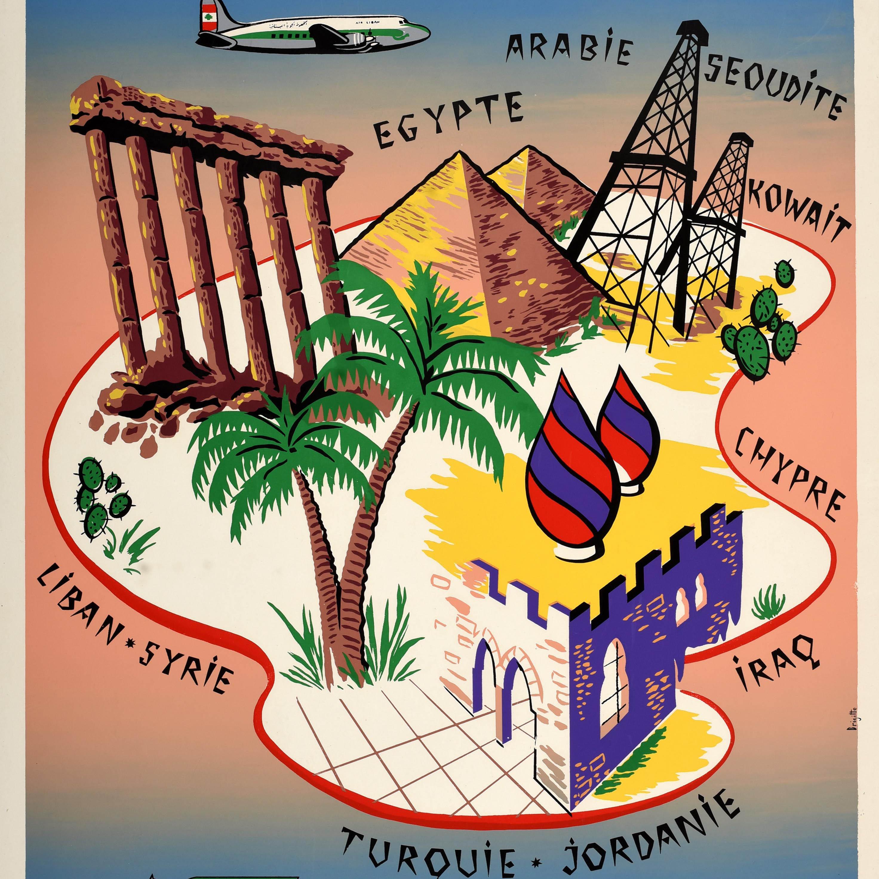Rare Original Vintage Travel Poster Air Liban Middle East Airlines Lebanon Map - Print by Unknown