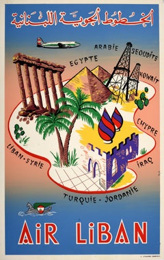 Rare Original Retro Travel Poster Air Liban Middle East Airlines Lebanon Map