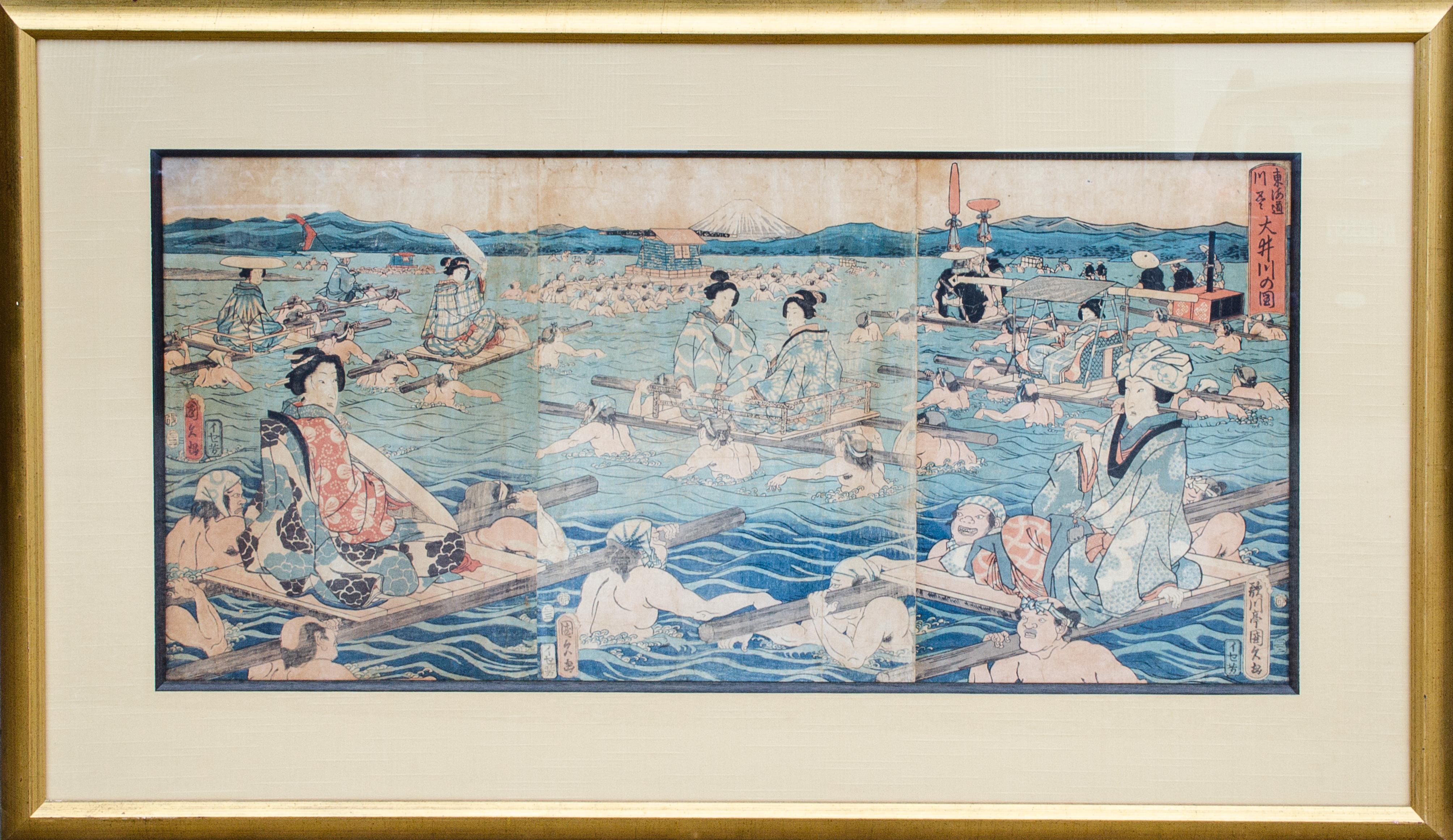 Seltene Szene des Adels auf Palanquins über Wasser, Holzschnitt im Ukiyo-e-Stil – Print von Unknown