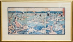 Rare Scene of Nobility on Palanquins Over Water, Ukiyo-e Style Woodcut