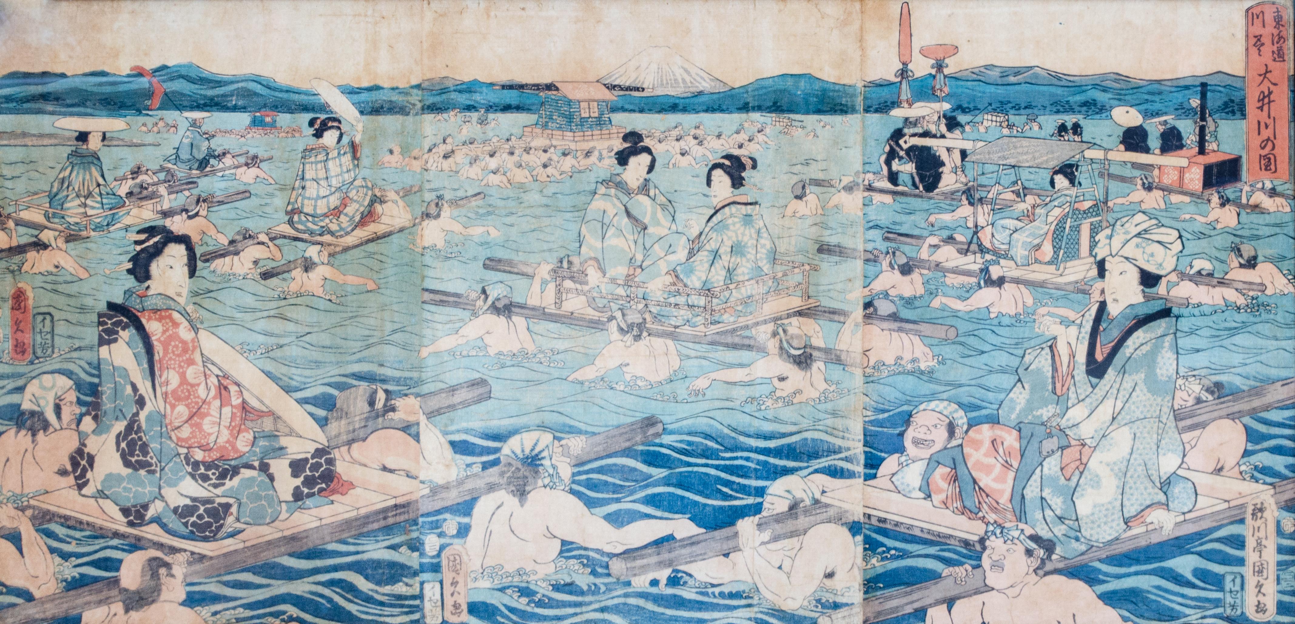 Unknown Interior Print – Seltene Szene des Adels auf Palanquins über Wasser, Holzschnitt im Ukiyo-e-Stil