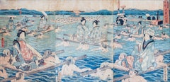 Rare Scene of Nobility on Palanquins Over Water, Ukiyo-e Style Woodcut