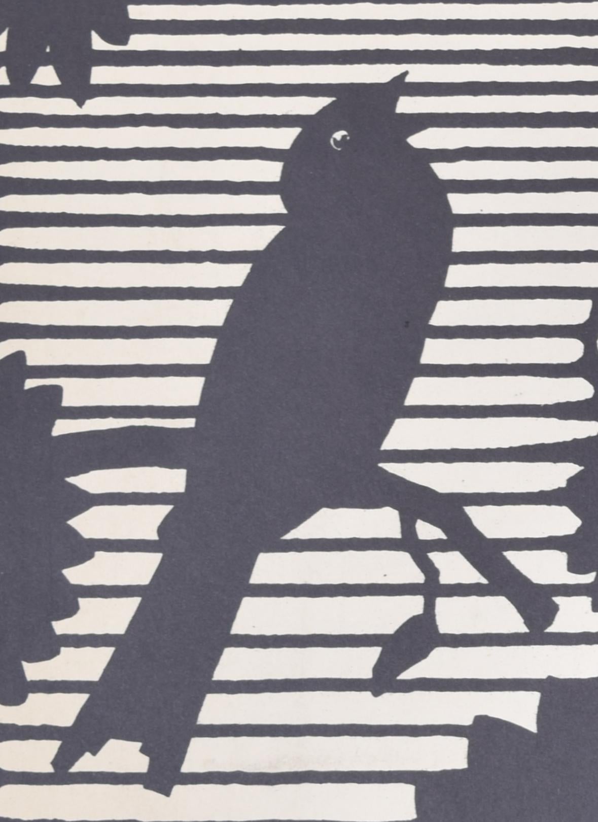 Raven and Angel black and white block print c. 1930 signed 'HT' - Print by Unknown