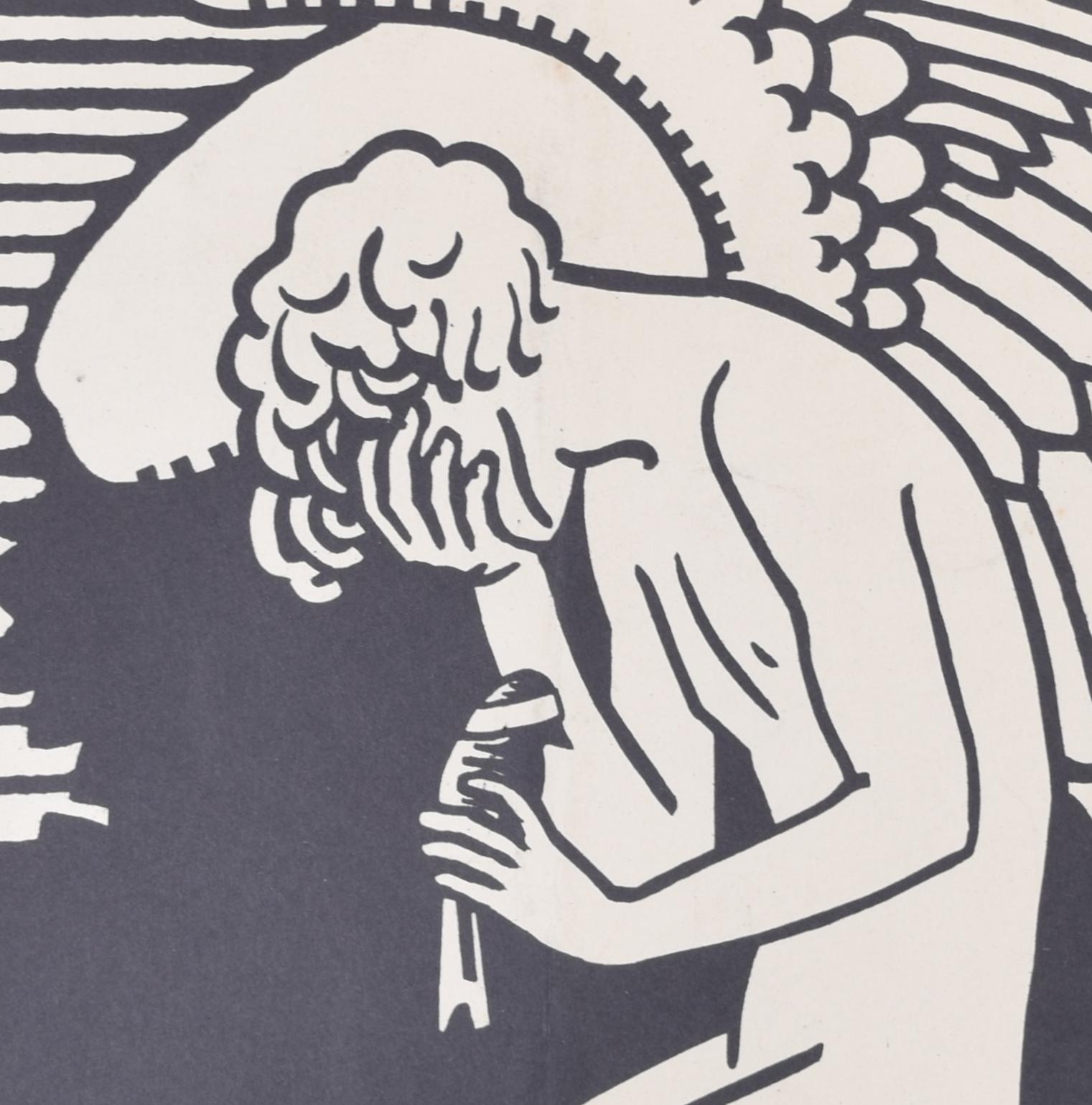Raven and Angel black and white block print c. 1930 signed 'HT' - Modern Print by Unknown