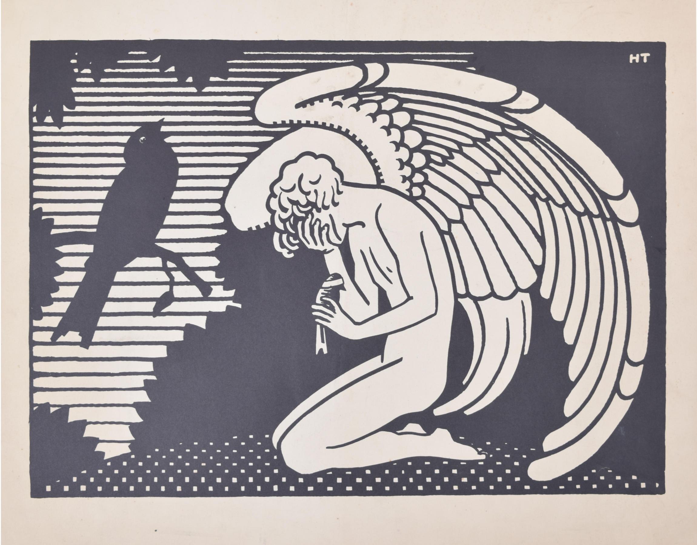 Unknown Animal Print - Raven and Angel black and white block print c. 1930 signed 'HT'