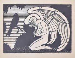 Vintage Raven and Angel black and white block print c. 1930 signed 'HT'