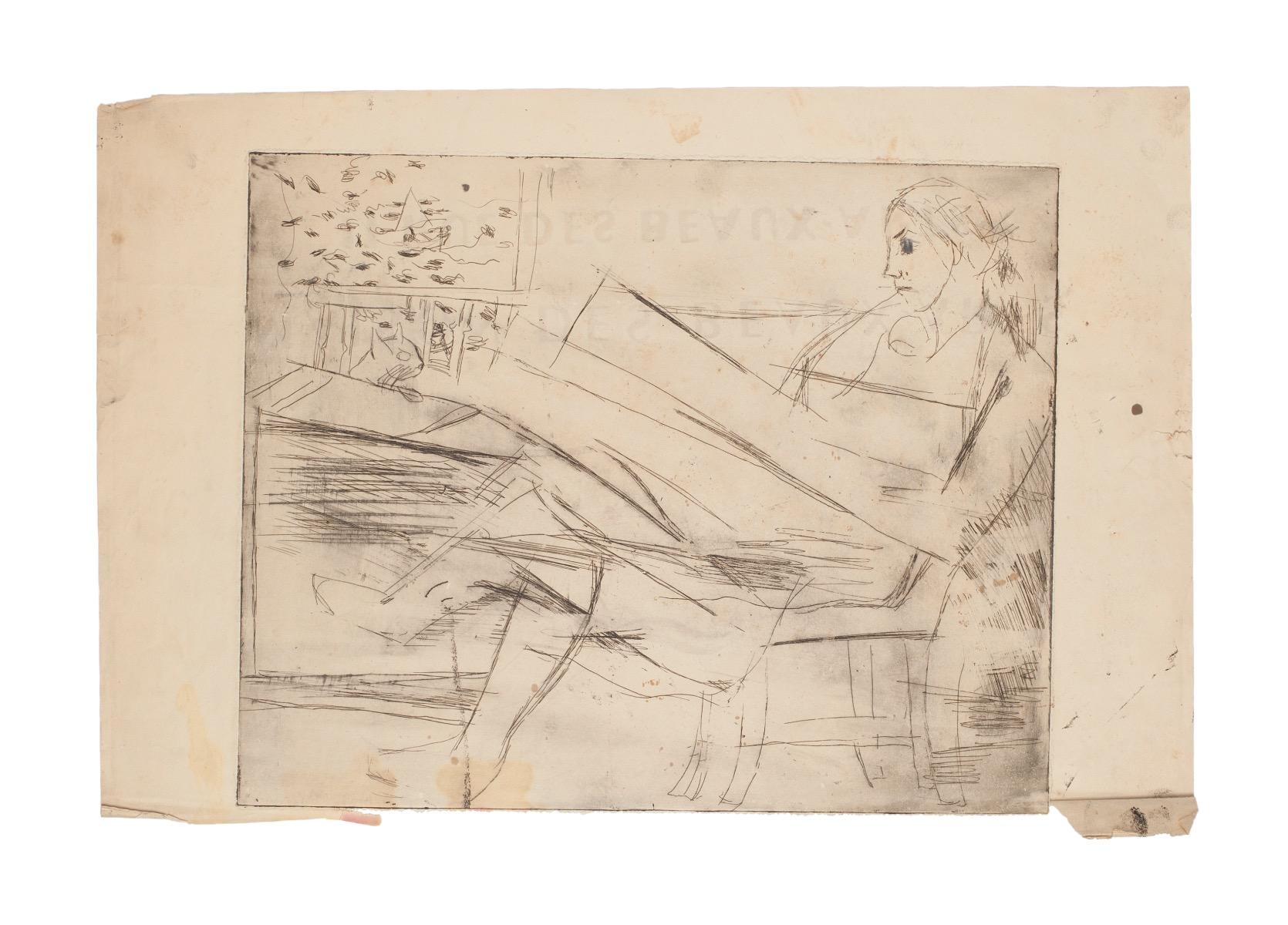 Unknown Figurative Print - Reading Woman - Original Etching on Paper - 1950