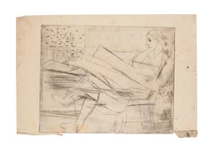 Reading Woman - Original Etching on Paper - 1950