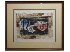 Red and Blue Abstract Expressionist Lithograph with Brown and Black Tones