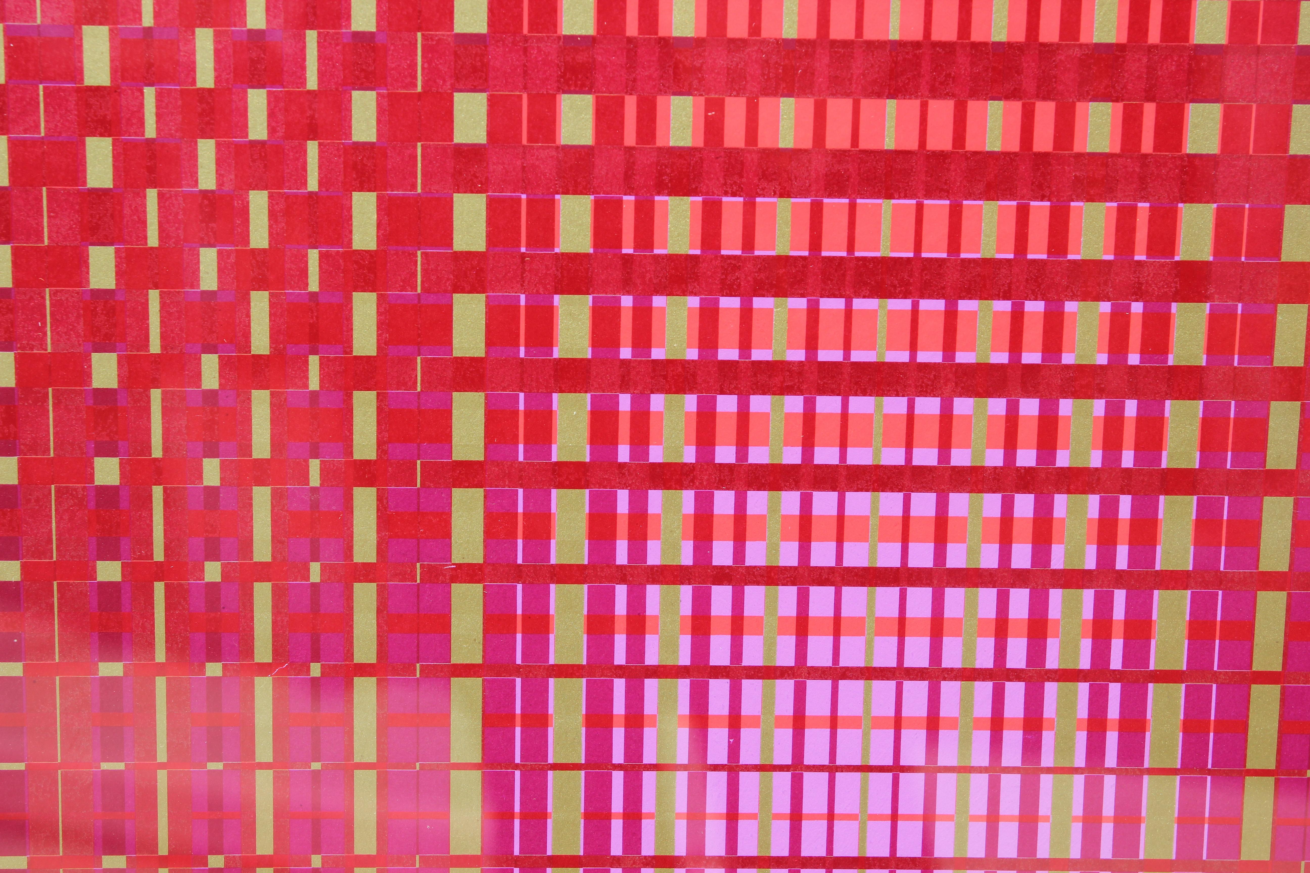 Tableau géométrique abstrait rouge ton sur ton dans le style de Victor Vasarely - Print de Unknown