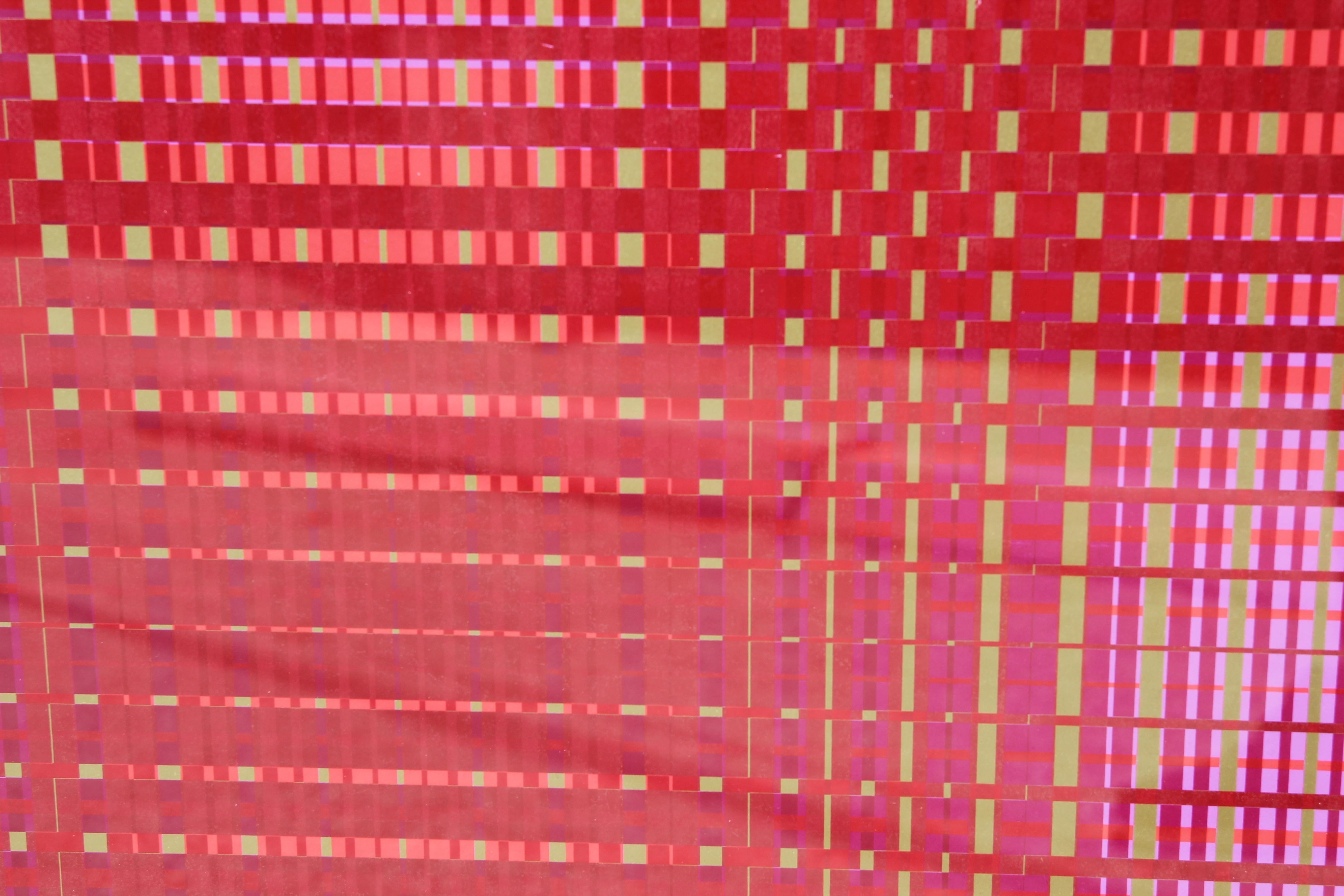 Tableau géométrique abstrait rouge ton sur ton dans le style de Victor Vasarely - Géométrique abstrait Print par Unknown