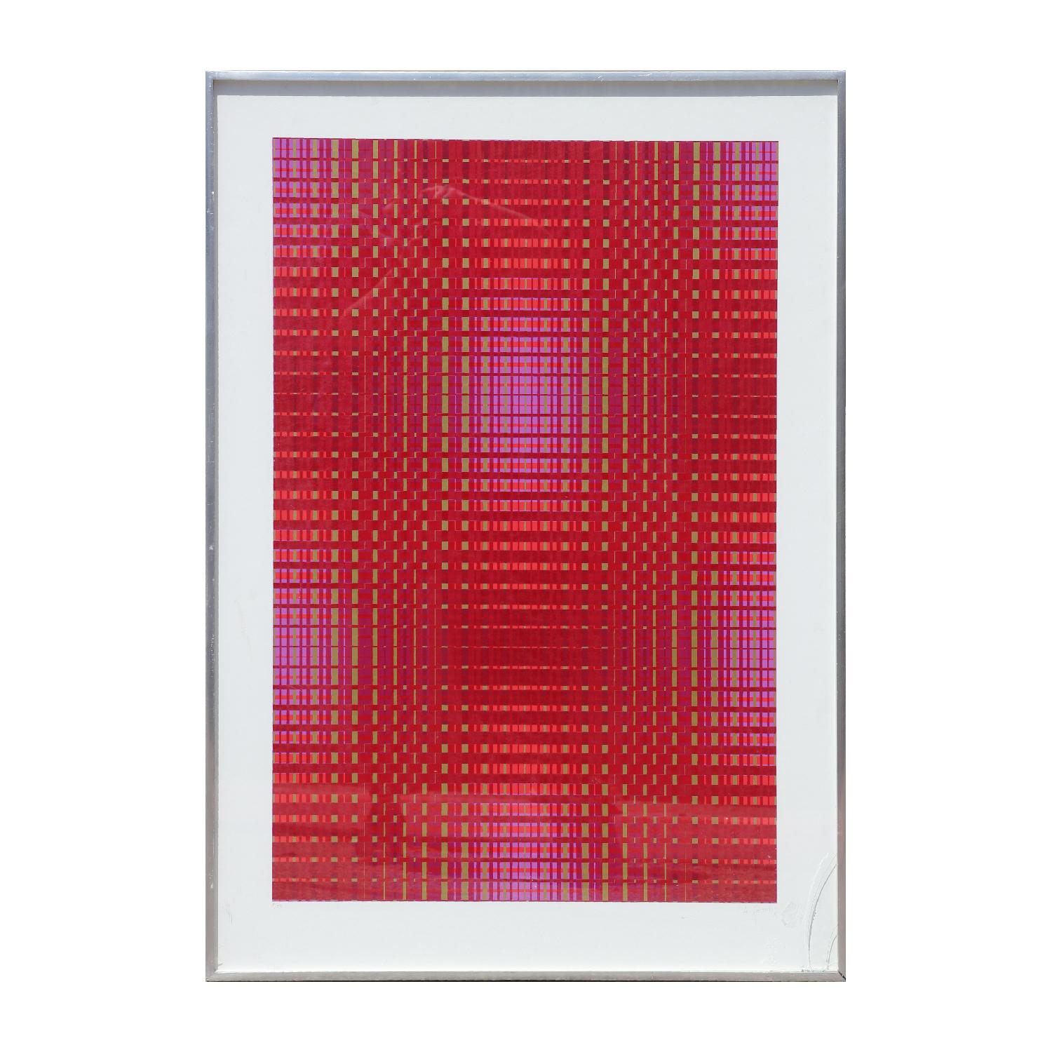 Abstract Print Unknown - Tableau géométrique abstrait rouge ton sur ton dans le style de Victor Vasarely