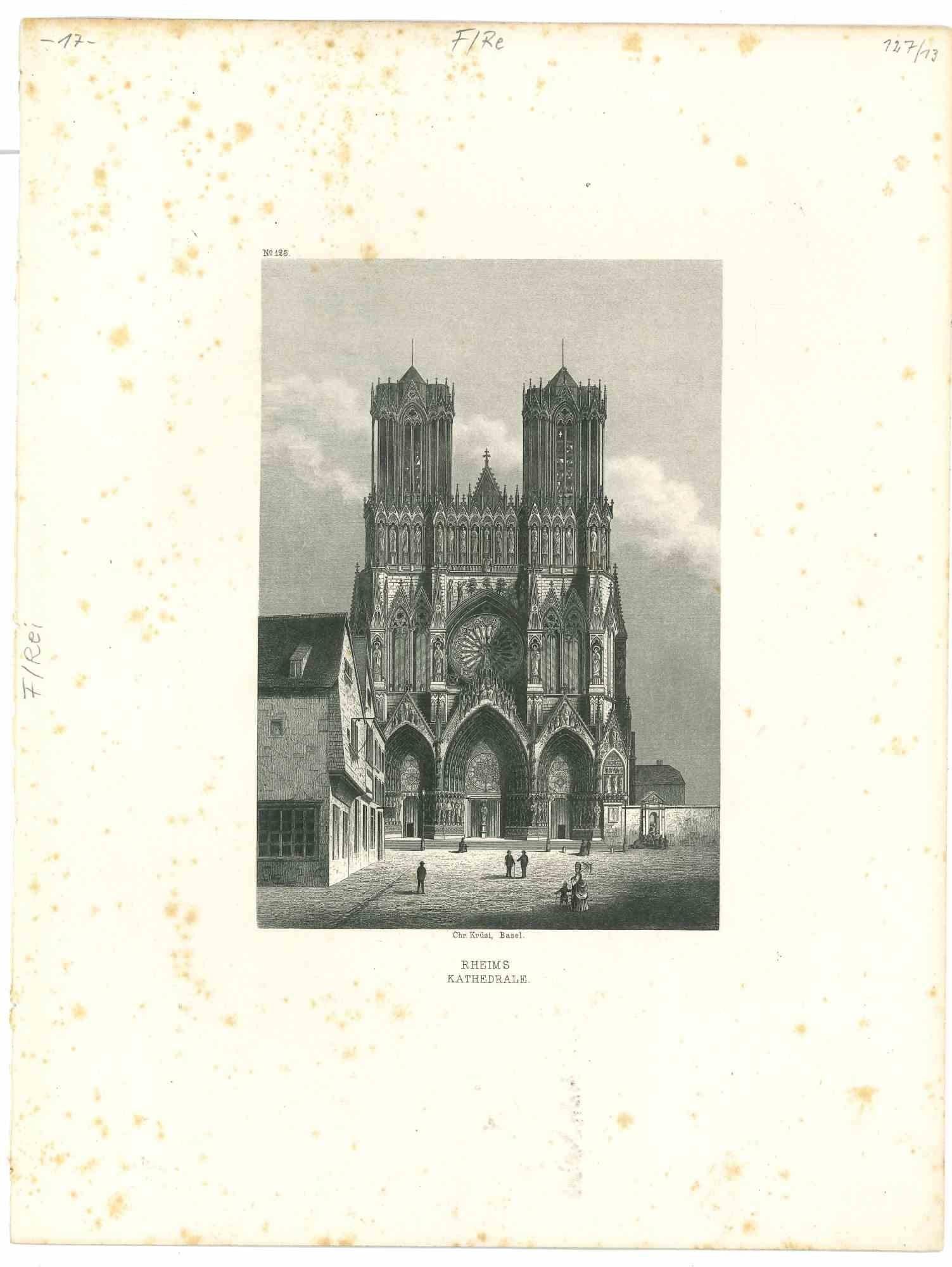 Figurative Print Unknown - La cathédrale de Reims - Lithographie originale - Milieu du 19e siècle