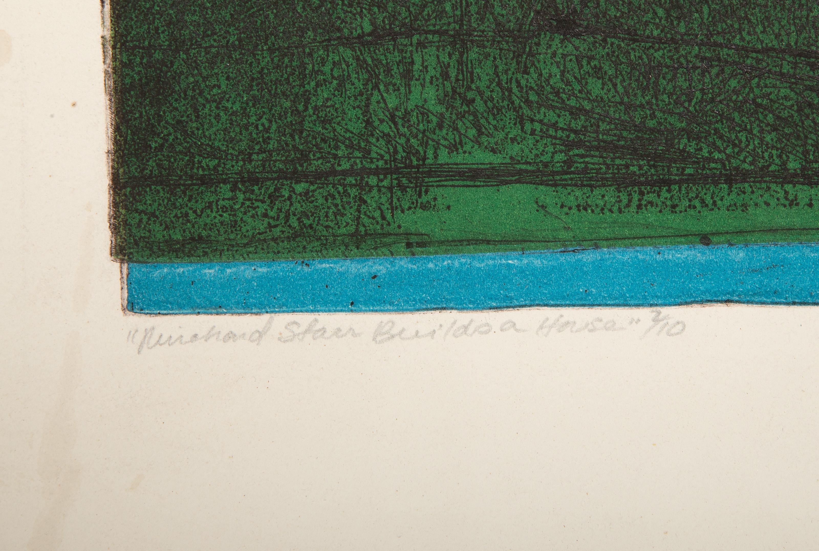  Unknown Artist -  Reinhard Stair Builds a House, Year: 1969, Medium: Etching and Aquatint, signed, titled, numbered and dated in pencil, Edition: 2/10, Image Size: 18.5 x 15.75 inches, Size: 22.5 x 18 in. (57.15 x 45.72 cm), Description: Signed