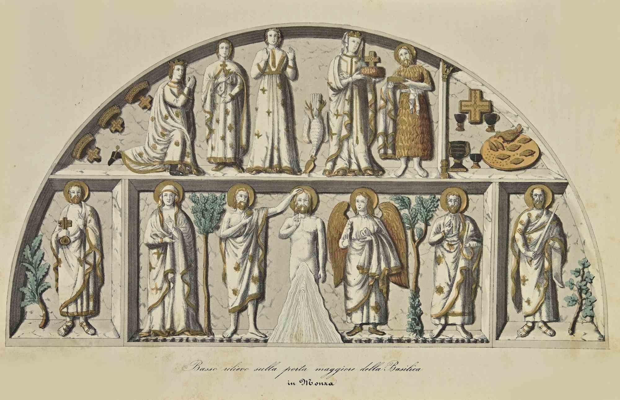 Unknown Figurative Print - Relief in the Basilica in Monza - Lithograph - 1862