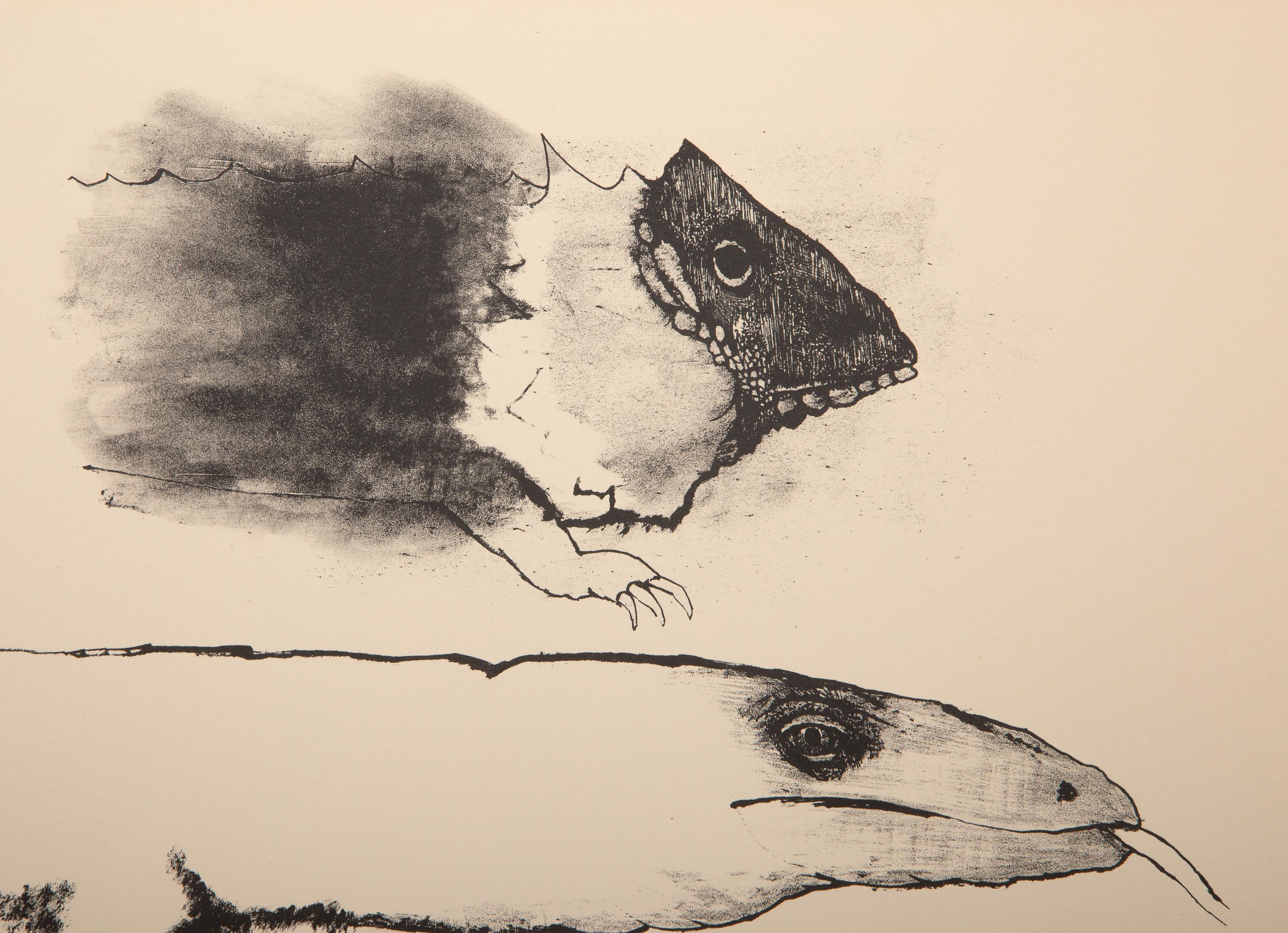 Reptiles, litografía surrealista de Aubrey Schwartz en venta 1