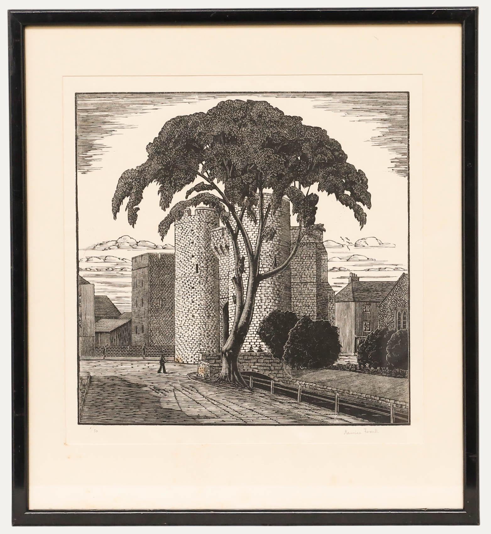 Unknown Landscape Print - Rev Maurice Frederic Foxell KCVO (1888-1981) - Linoprint, Study of a Castle