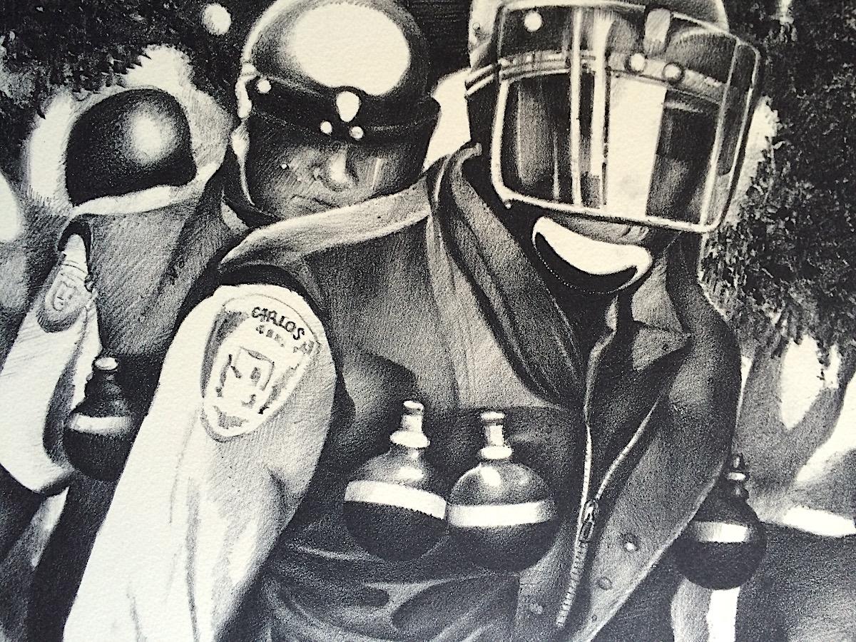 RIOT POLICE Hand Drawn Lithograph, Law Enforcement, Policemen, Protestors - Print by Unknown
