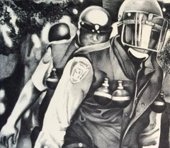 RIOT POLICE Hand Pulled Lithograph, Black and White Street Scene Law Enforcement