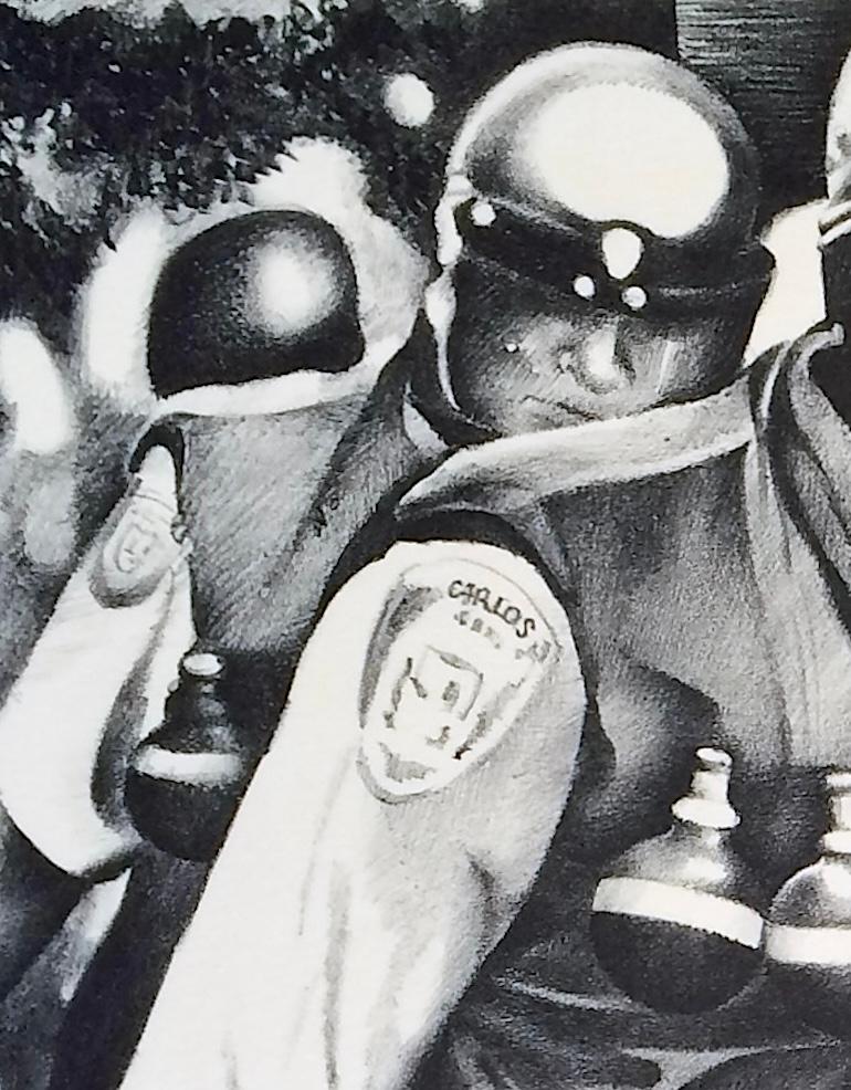 RIOT POLICE Litografía a mano, Dibujo en blanco y negro, Aplicación de la ley, Policía - Figurative Print Gris de Unknown