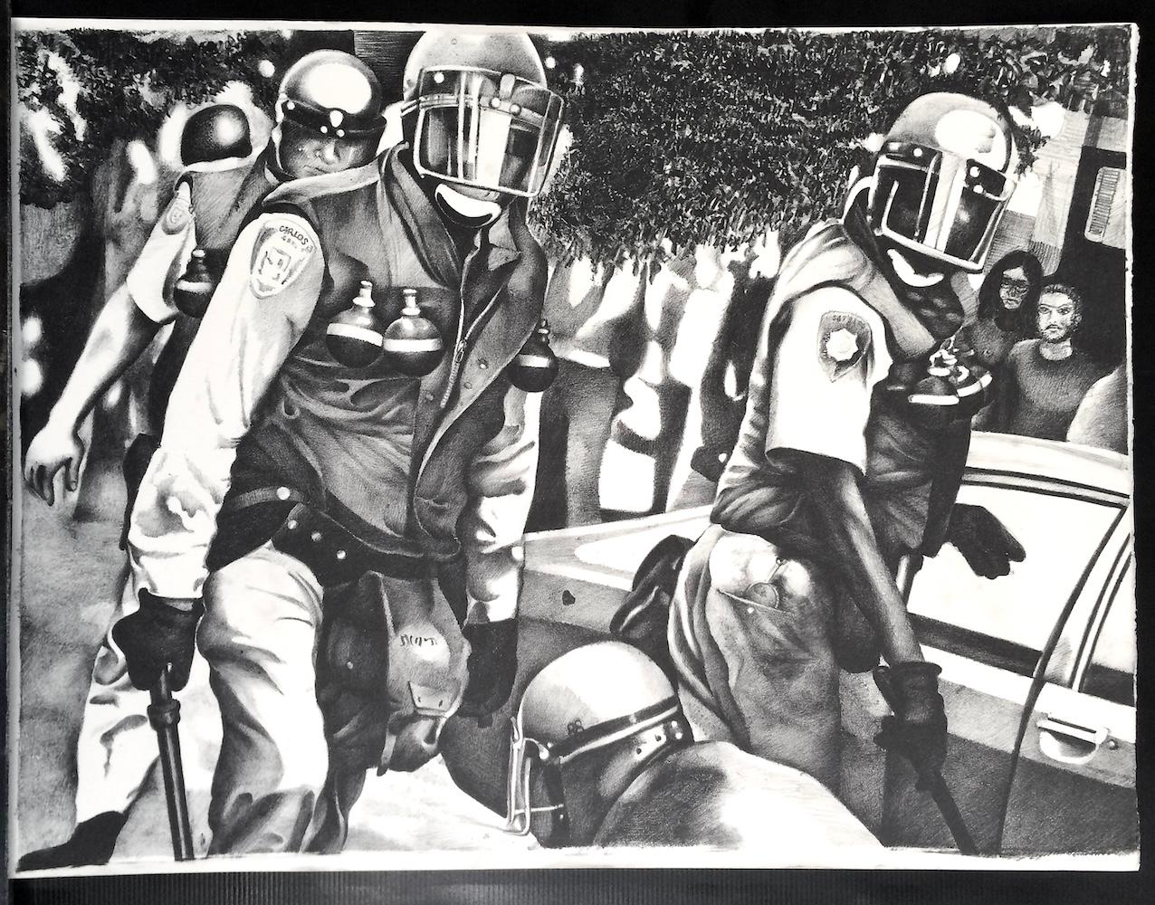 RIOT POLICE Litografía a mano, Dibujo en blanco y negro, Aplicación de la ley, Policía en venta 3