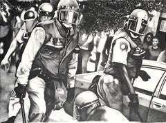 RIOT POLICE Litografía a mano, Dibujo en blanco y negro, Aplicación de la ley, Policía