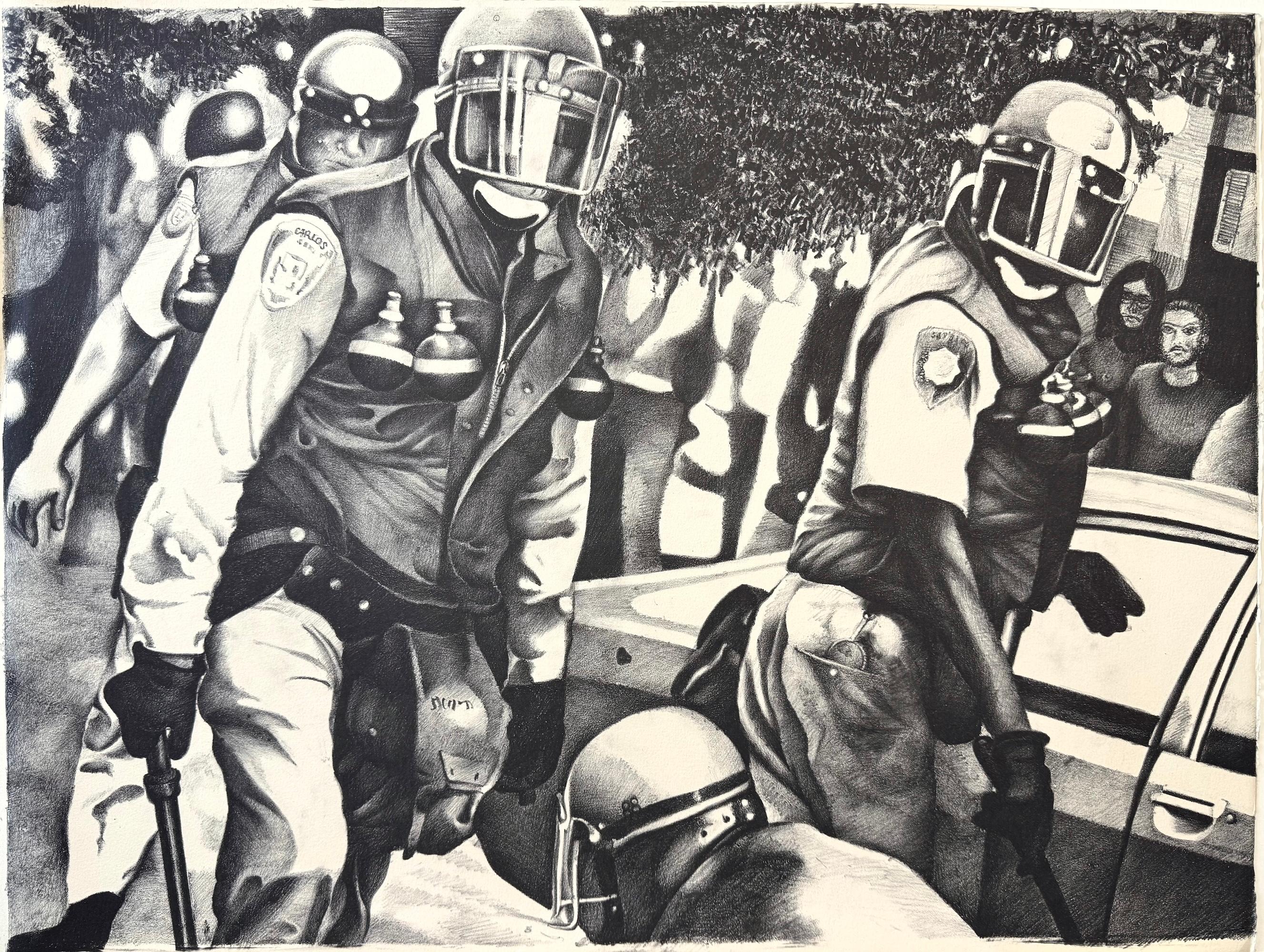 RIOT POLICE Hand Pulled Lithograph, Black White Drawing, Law Enforcement, Police
