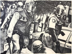 RIOT POLICE Handgezogene Lithographie, Schwarz-Weiß-Zeichnung, Strafverfolgung, Police