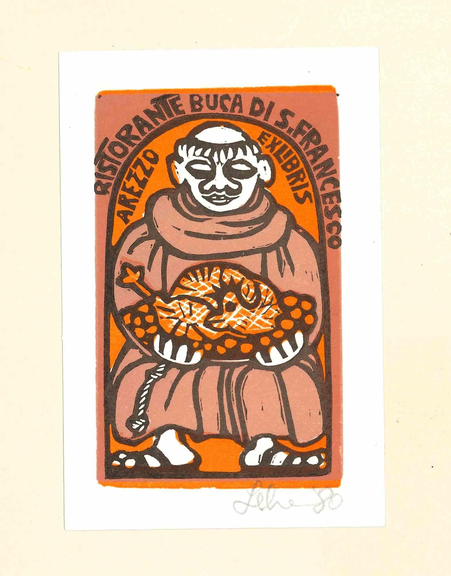 Unknown Figurative Print - Ristorante Buca di S. Francesco Ex Libris - Original Woodcut - 1980s
