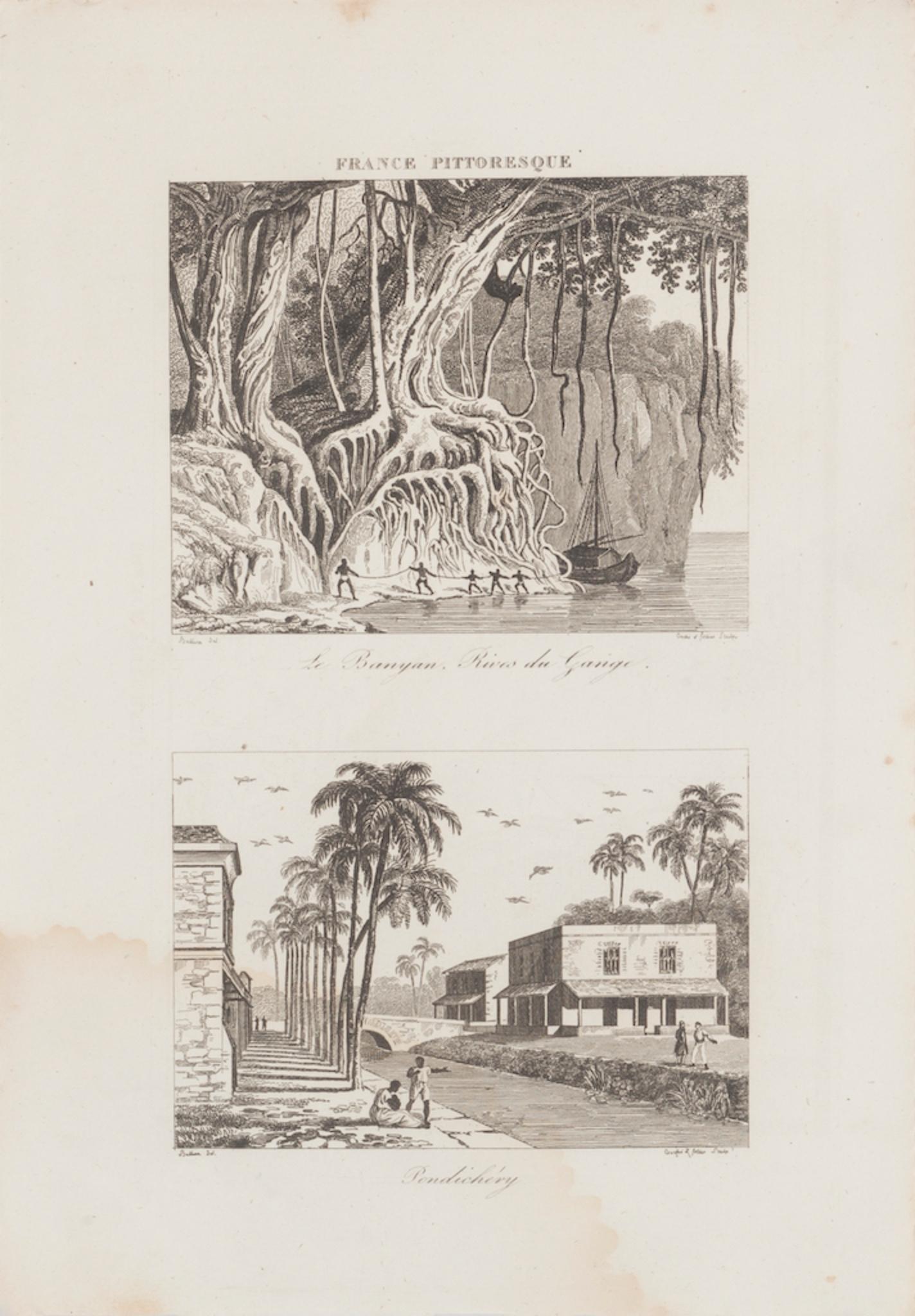 Unknown Landscape Print - Rives du Gange and Pendichéry - Original Lithograph  - 19th Century