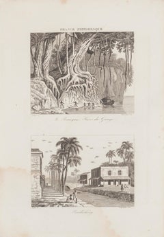 Rives du Gange and Pendichéry - Original Lithograph  - 19th Century