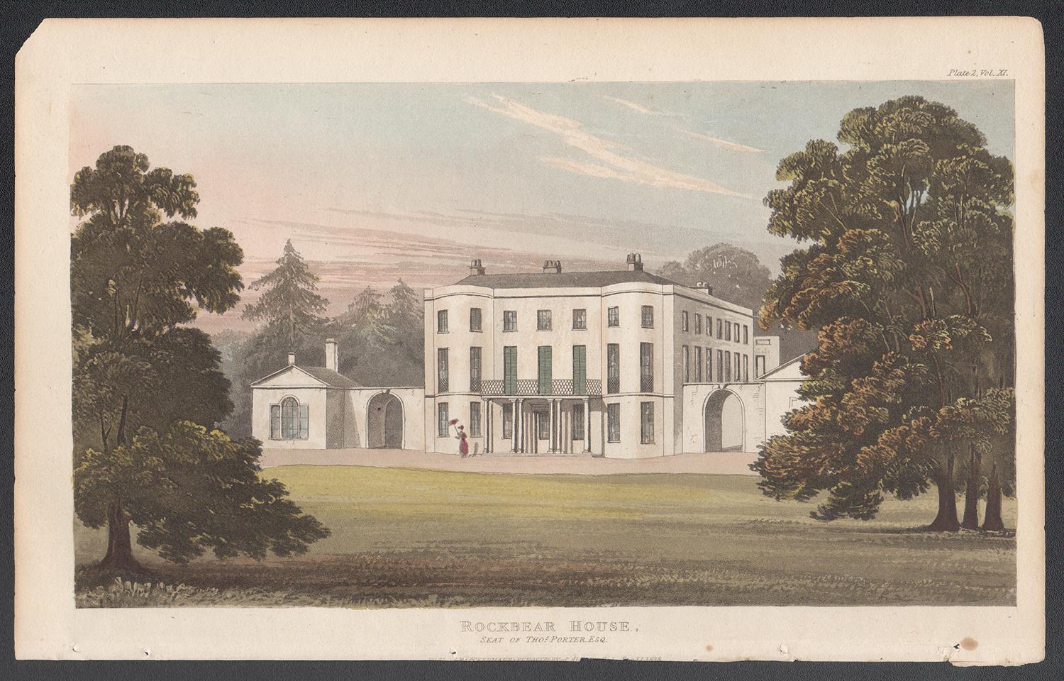 Rockbear House, Devon, aquatinte de couleur d'une maison de campagne de style Régence anglaise, 1818 - Print de Unknown