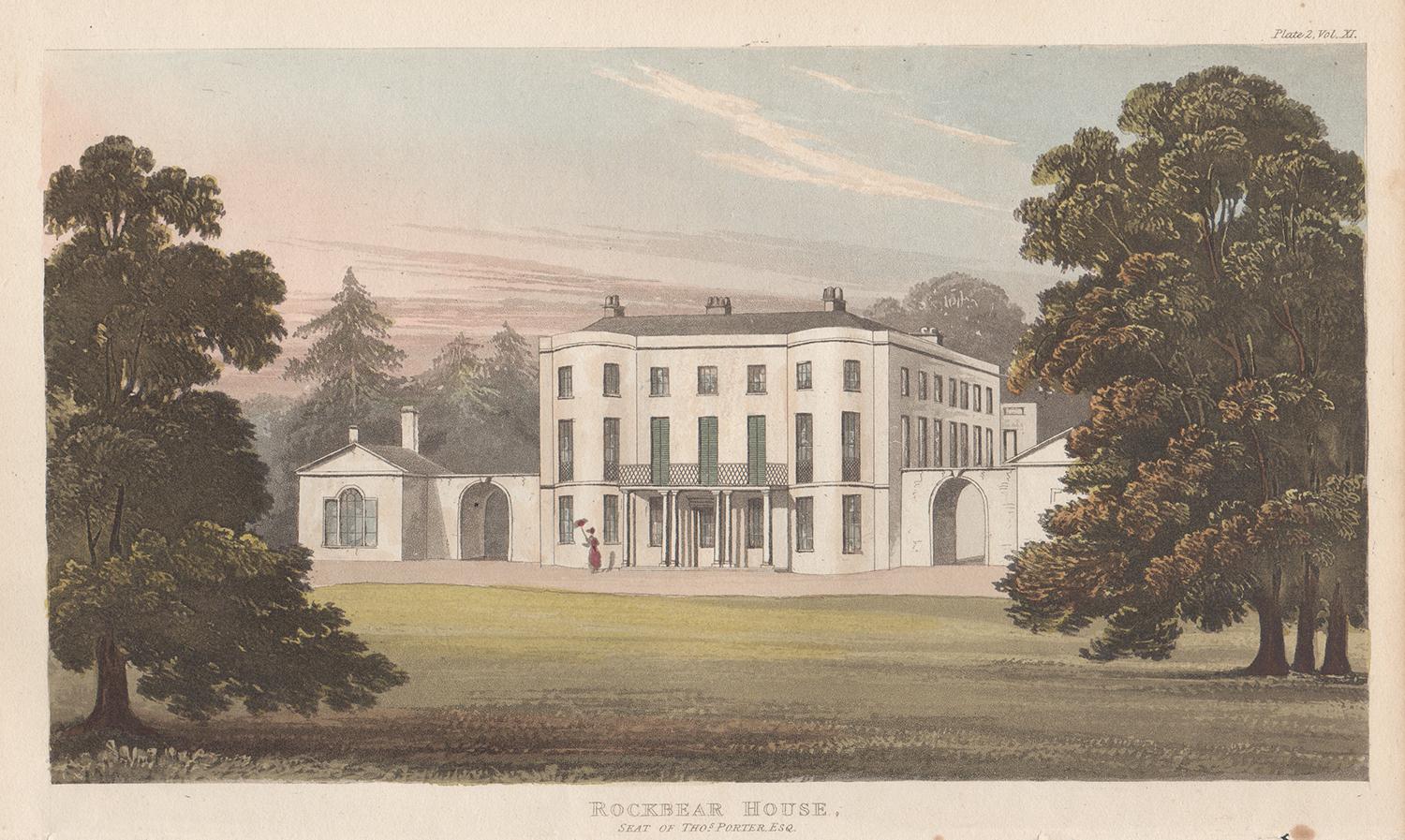 Landscape Print Unknown - Rockbear House, Devon, aquatinte de couleur d'une maison de campagne de style Régence anglaise, 1818