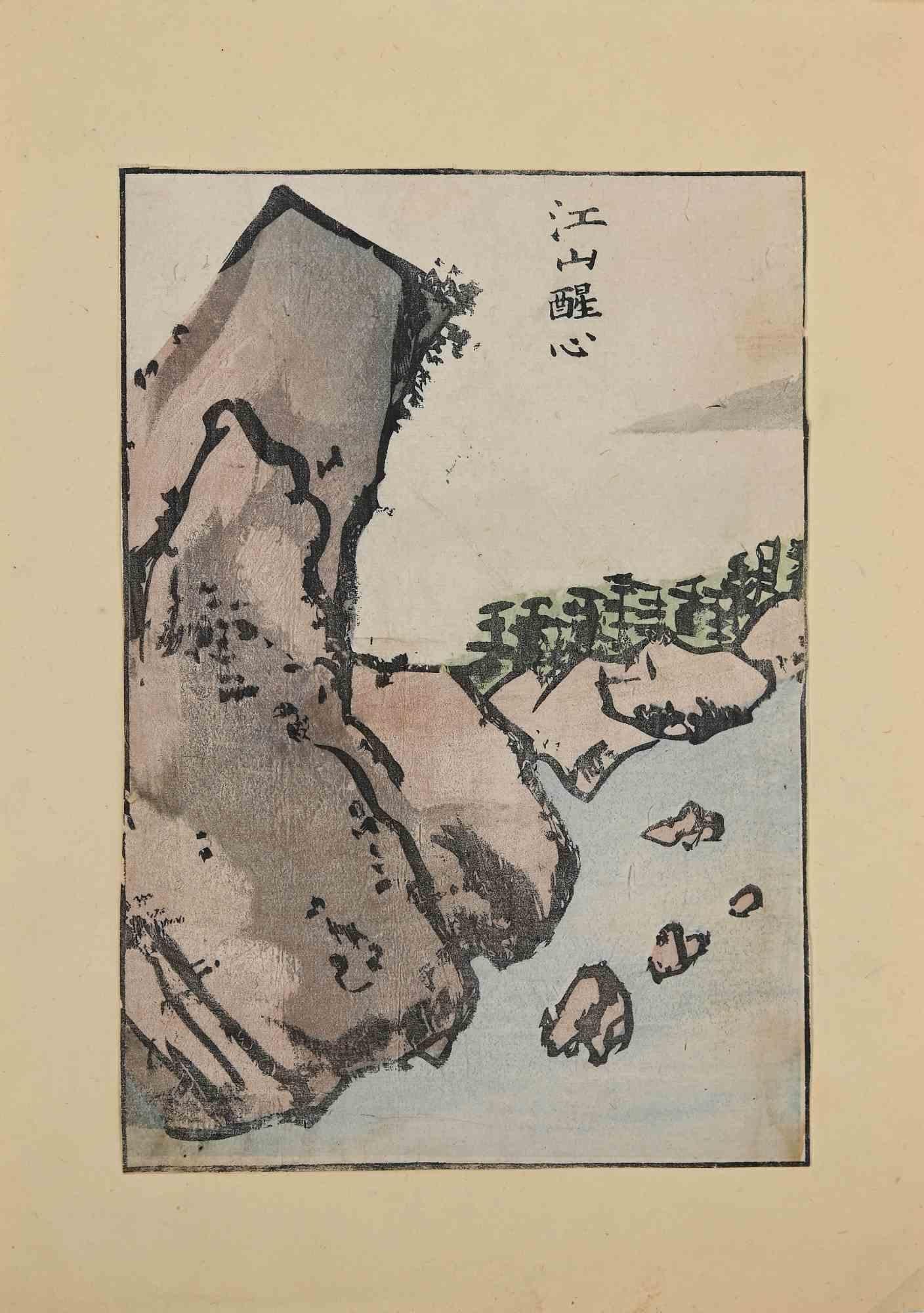 Unknown Landscape Print – Felsige Küstenlinie mit Klippen und Inseln - Holzschnitt - 19.