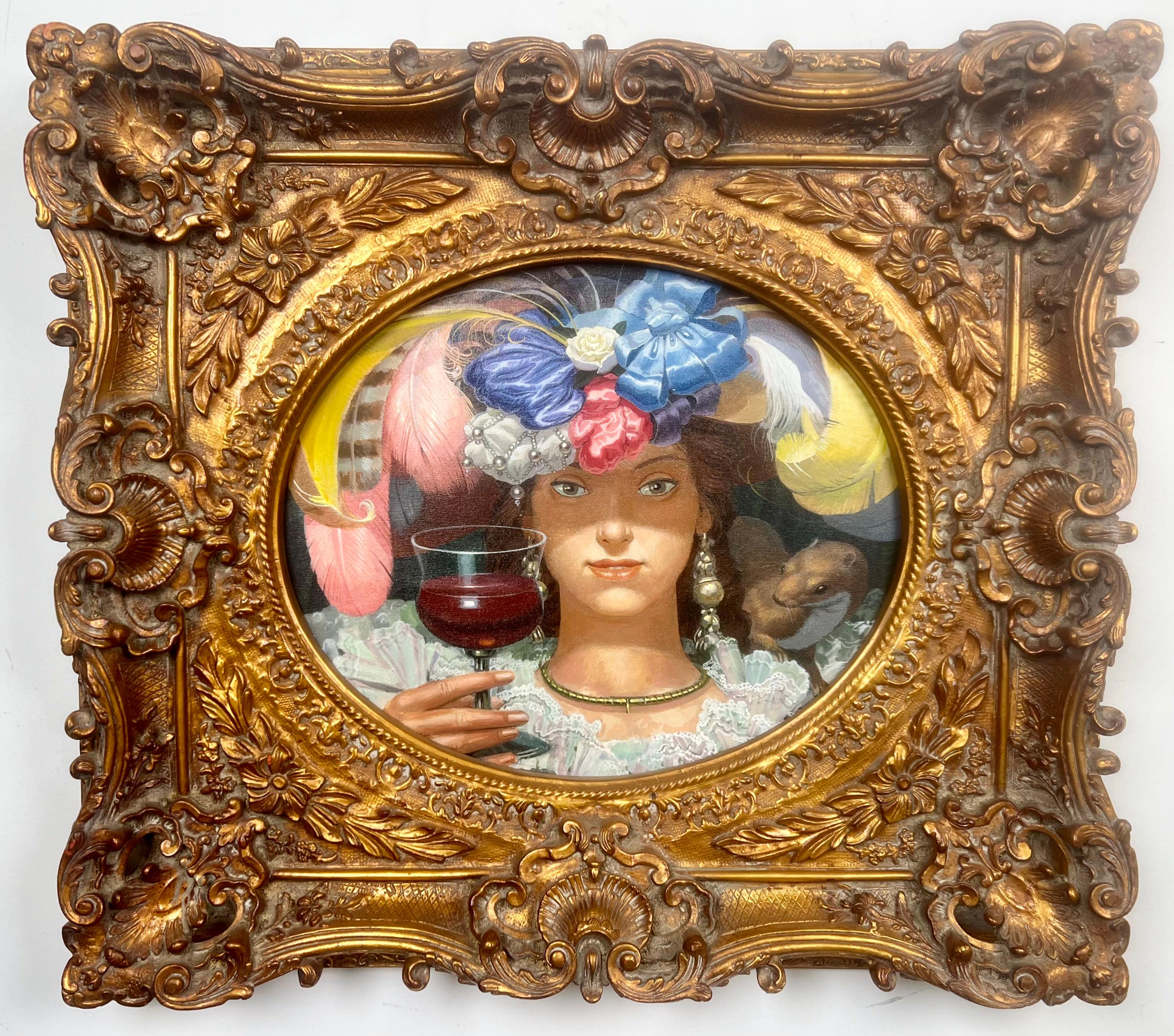 Unknown Figurative Print - Romantic Belle Époque Portrait of a Lady in Gilded Rococo Frame Print on Canvas