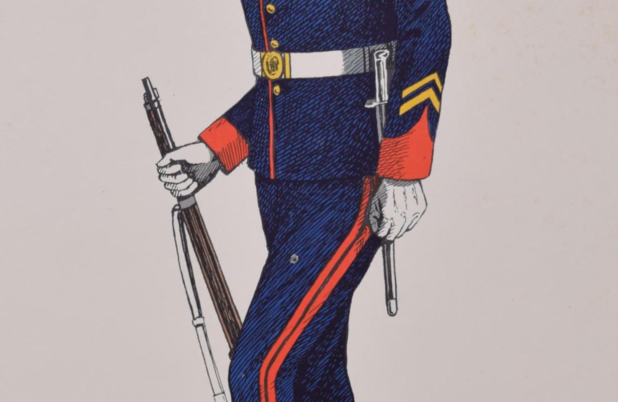 Die Uniform des Royal Army Ordnance Corps (jetzt Royal Logistics Corps) von 1914
Lithographie
50 x 31 cm

Produziert für das Institute of Army Education. Gedruckt für das HM Stationery Office von I A Limited, Southall 51.

Diese Plakate wurden vom
